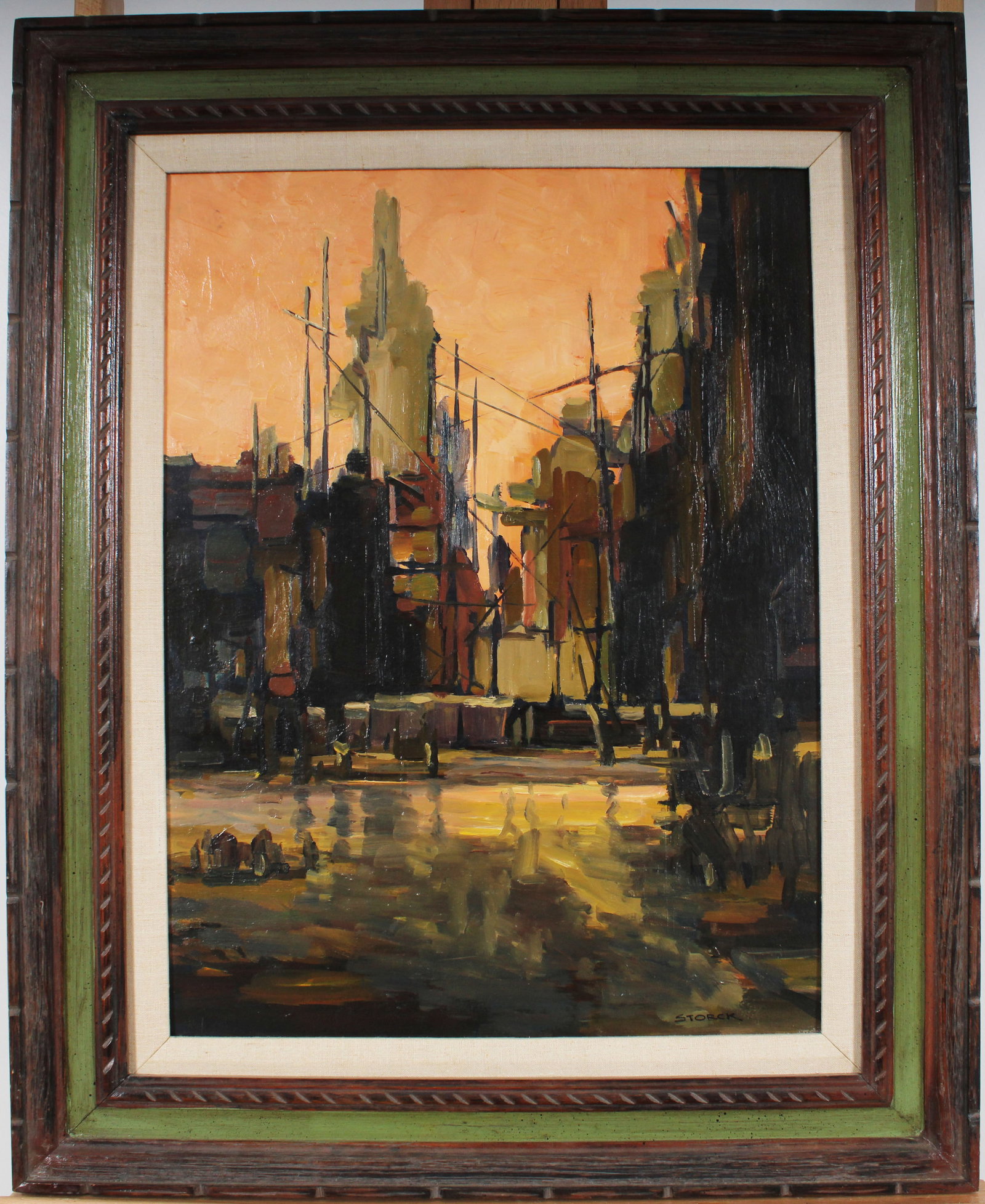 "J. Alvin Storck" Vintage American Modernist Sunset Cityscape Original Large Framed Oil Painting: Vintage American sunset cityscape oil painting. Measuring: 32 by 26 inches overall, and 24 by 18 painting alone. Please see all images for condition. Size is measured and written on the back of the pa