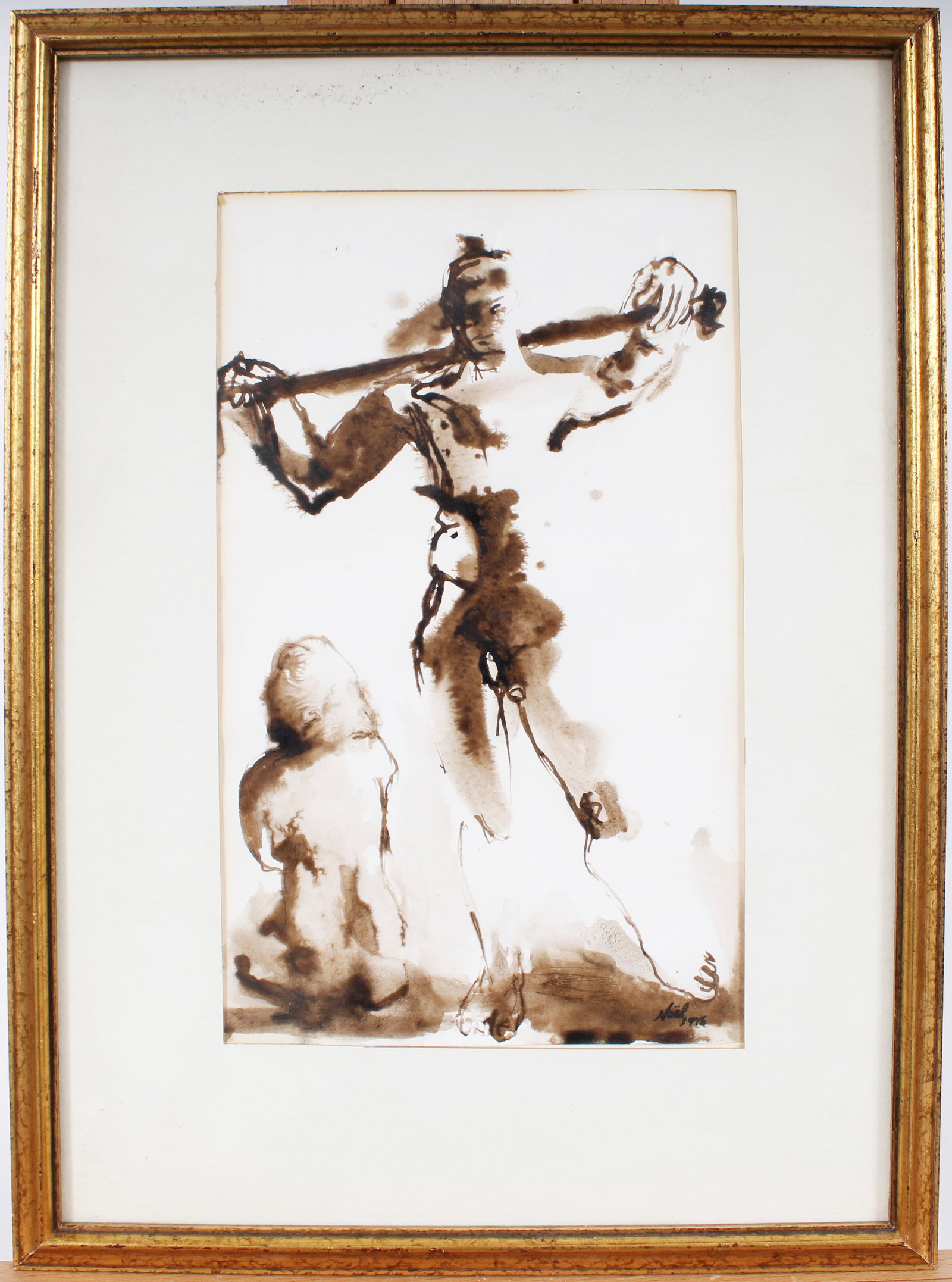 "Showing the Goods" Vintage American or European Male Nude Modernist Painting: Vintage American modernist painting. Measuring: 16.5 by 12 inches overall, and 11 by 6.5 painting alone. Please see all images for condition. Size is measured and written on the back of the painting o