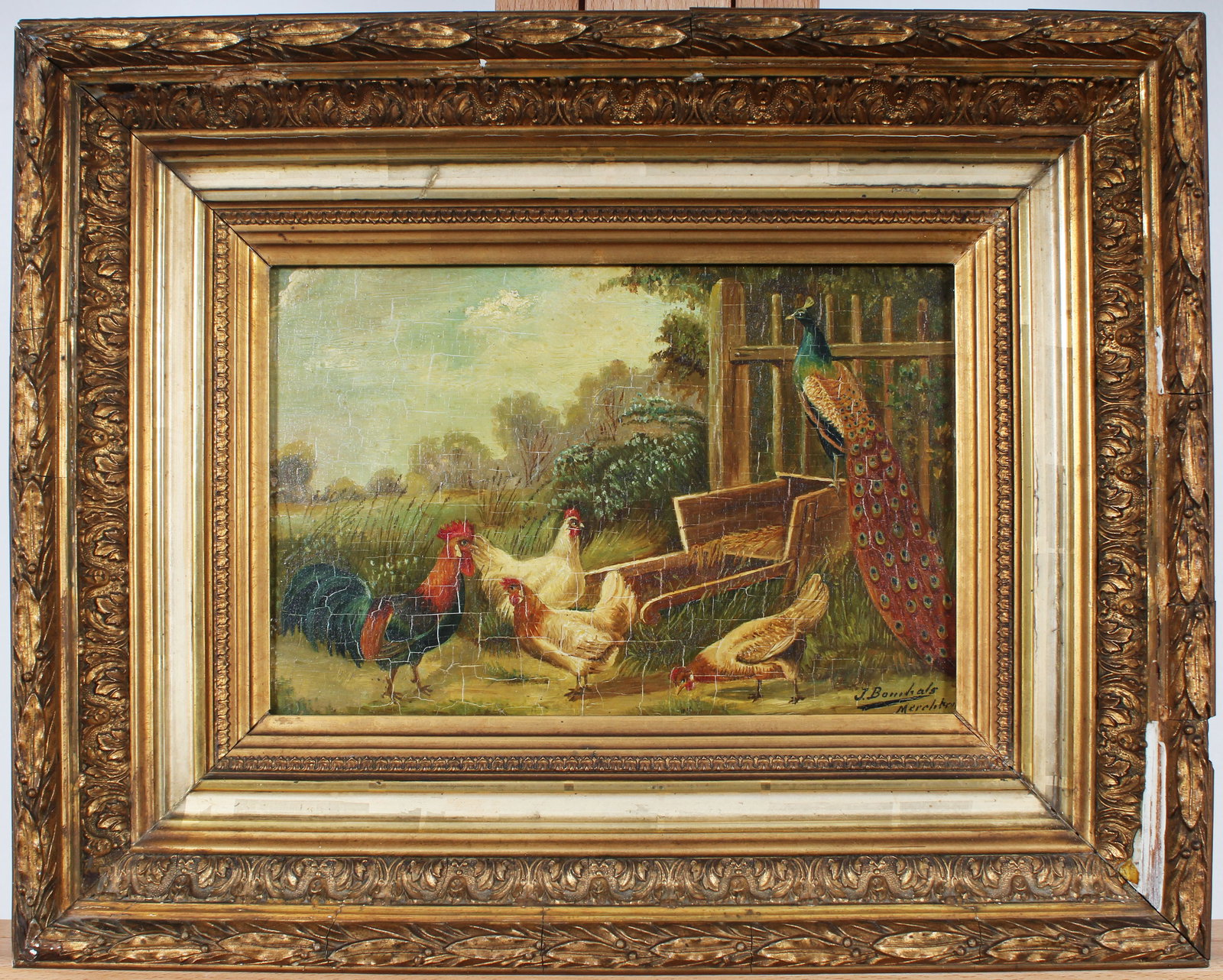 Antique Signed European Chickens and Peacock Buciolic Barnyard Scene Framed Signed Painting: Antique European barnyard bird portrait oil painting. Measuring: 14.5 by 18.5 inches overall, and 8 by 11.5 painting alone. Please see all images for condition. Size is measured and written on the bac