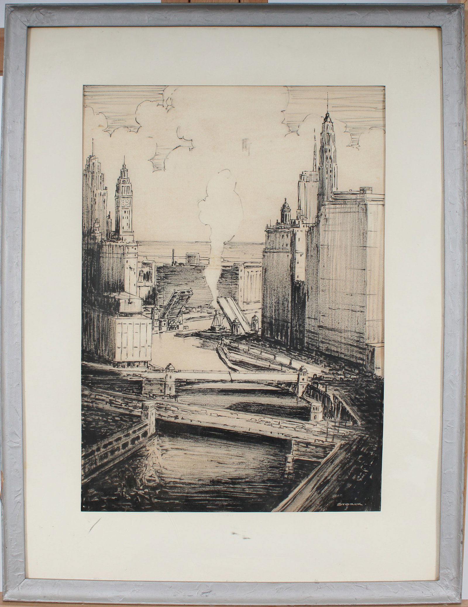 Vintage American Modernist "Chicago River" Framed Cityscape Painting by J. Alvin Storck: Vintage American cityscape painting. Measuring: 28.5 by 21.5 inches overall, and 20 by 14 painting alone. Please see all images for condition. Size is measured and written on the back of the painting 