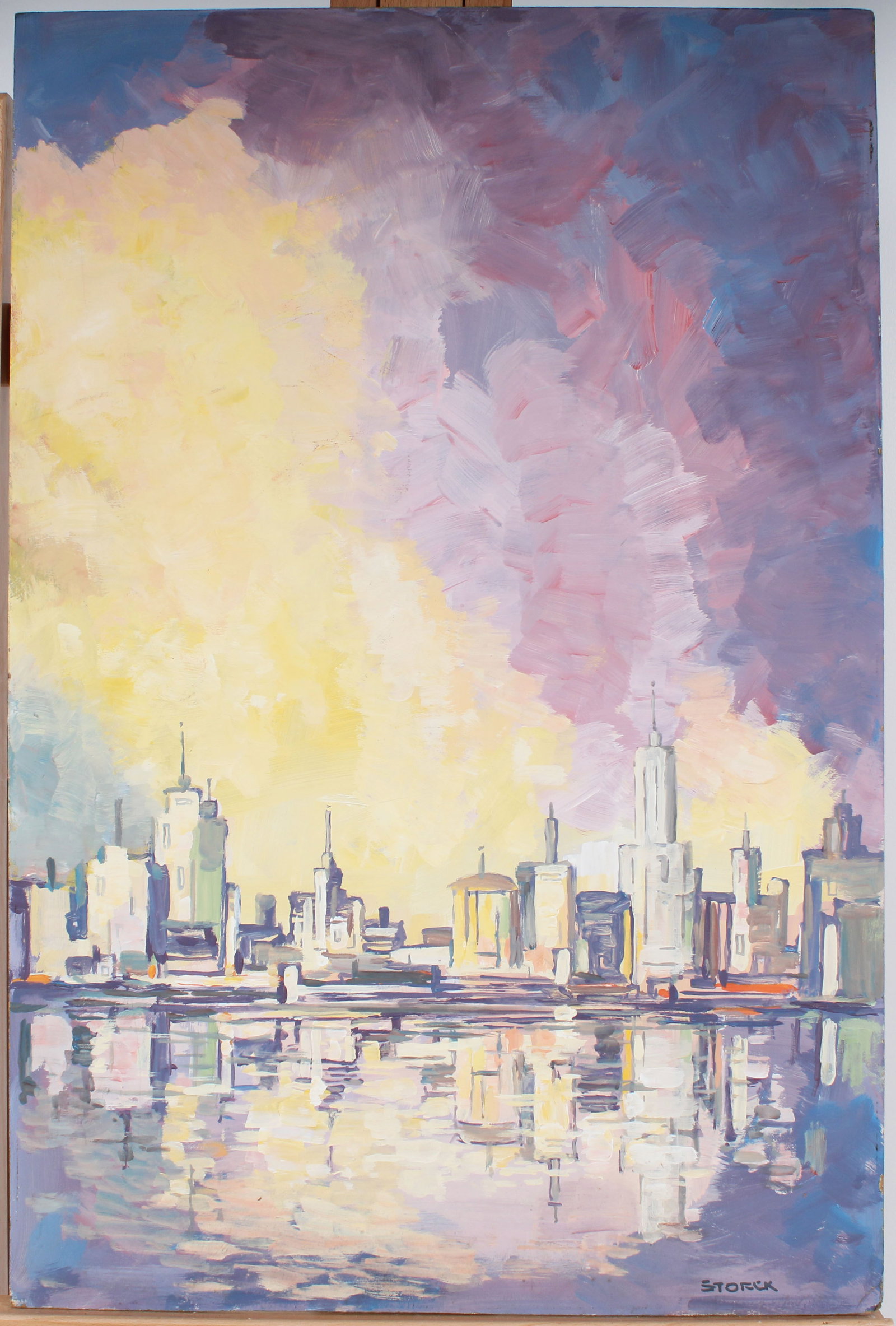 Vintage American Modernist Sunset Cityscape Oil Painting by J. Alvin Storck: Vintage American sunset cityscape oil painting. Measuring: 36 by 24 inches overall. Please see all images for condition. Size is measured and written on the back of the painting or next to each object