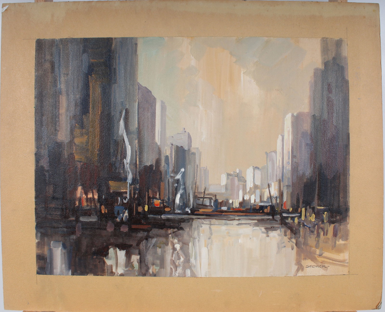 Vintage American School Modernist Chicago River Cityscape Oil Painting by J. Alvin Storck: Vintage American oil painting. Measuring: 30 by 24 inches overall. Please see all images for condition. Size is measured and written on the back of the painting or next to each object. The first size 