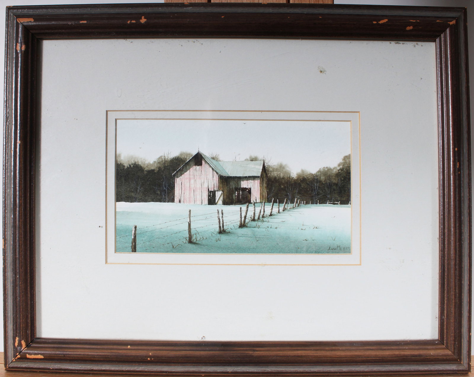 Lou Messa Signed Vintage American Impressionist Landscape Watercolor Painting: Vintage American watercolor painting. Measuring: 10.5 by 13.5 inches overall, and 4 by 7 painting alone. Please see all images for condition. Size is measured and written on the back of the painting o