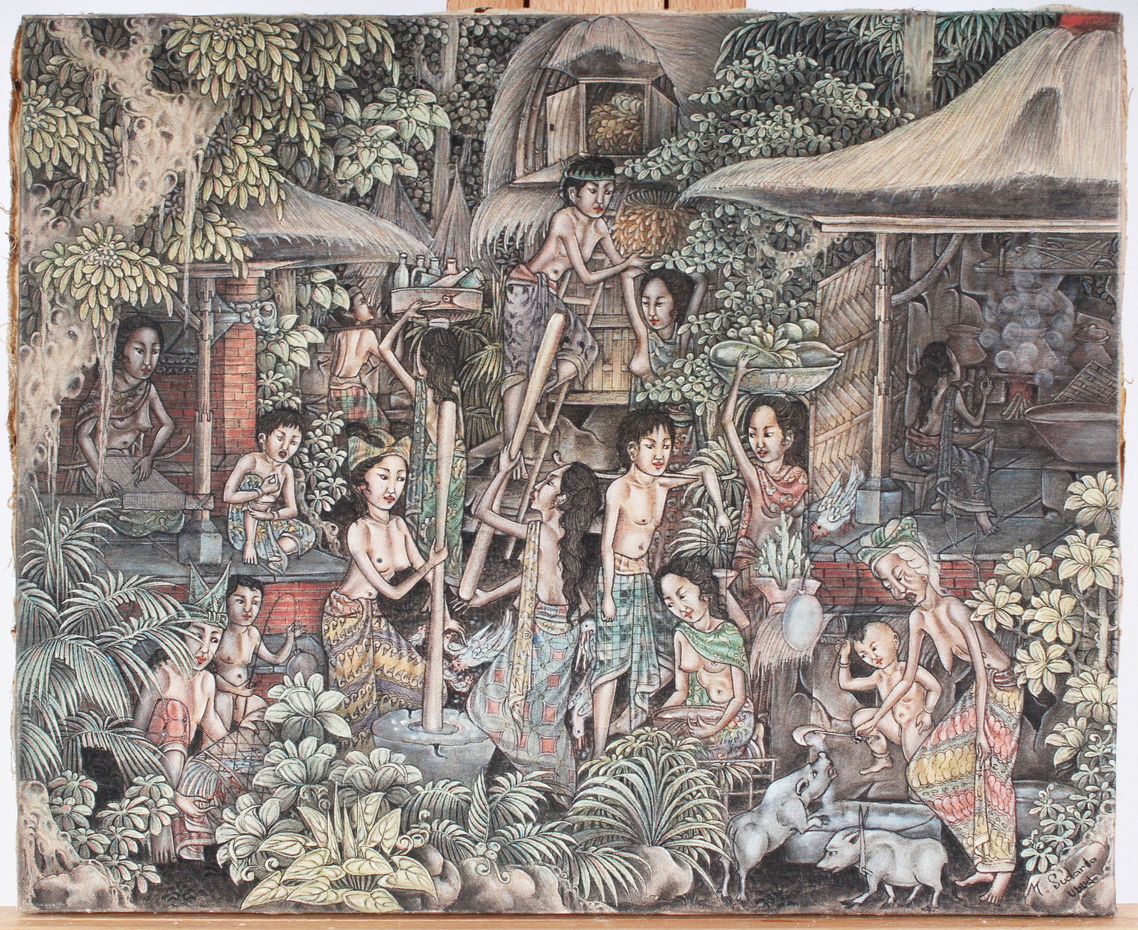 Signed Vintage Bali Tropical Tree Village Oil Painting: Vintage oil painting. Measuring: 15.5 by 18.5 inches overall. Please see all images for condition. Size is measured and written on the back of the painting or next to each object. The first size is th