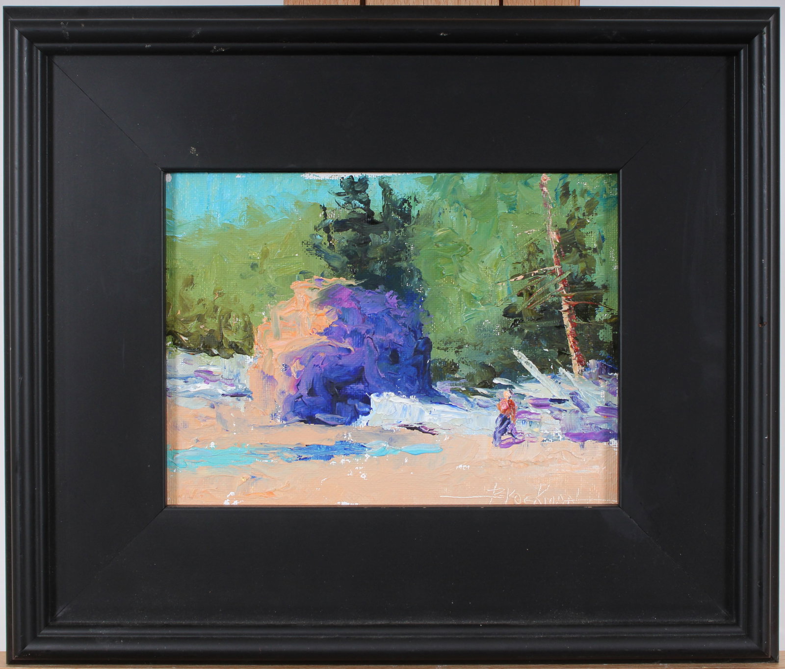 Mark Brockman Vintage American Modernist Landscape Oil Painting: Vintage American oil painting. Measuring: 11.5 by 13.5 inches overall, and 6 by 8 painting alone. Please see all images for condition. Size is measured and written on the back of the painting or next