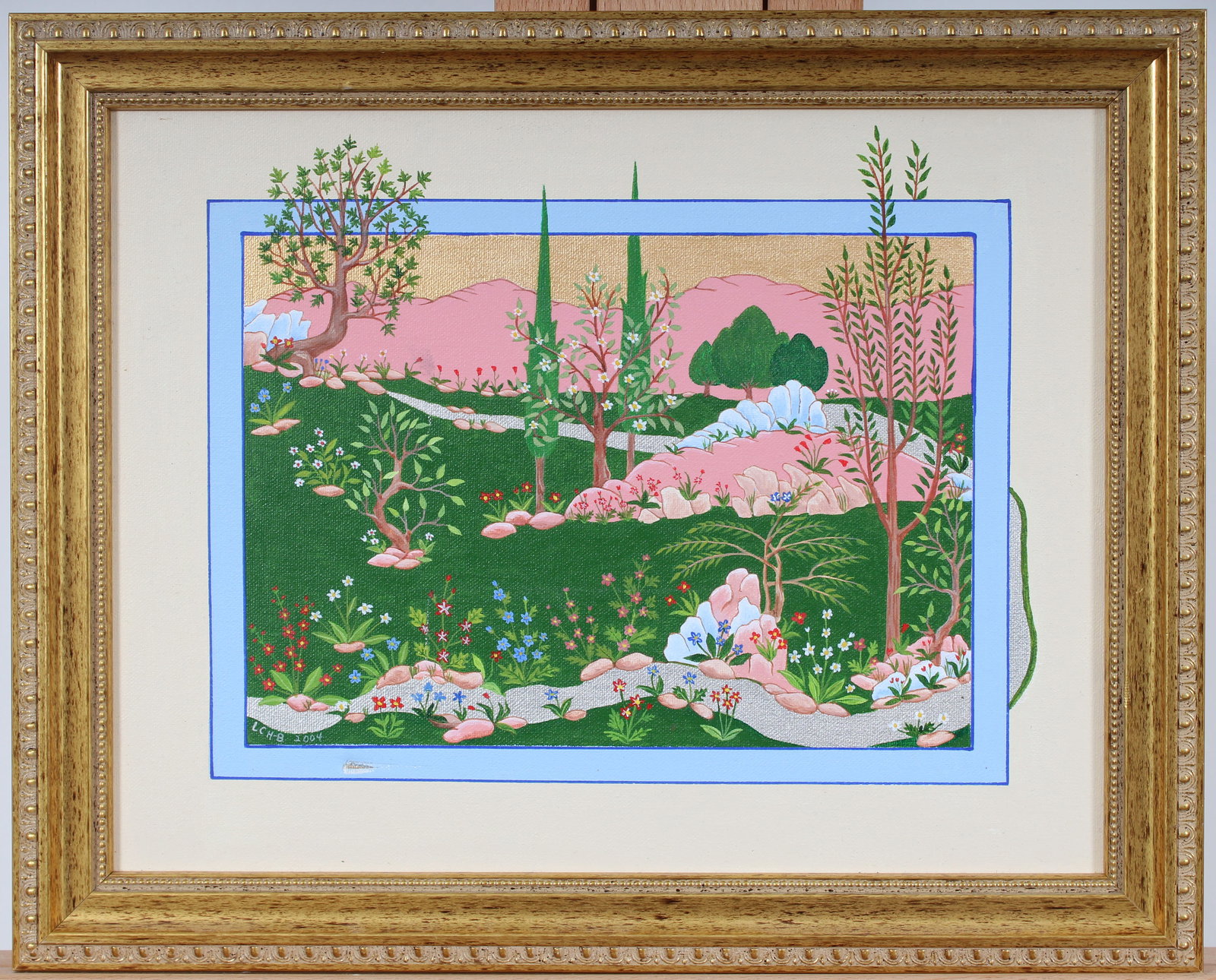 Vintage Orientalist Signed Modernist "Persian Summer" Framed Landscape Oil Painting: Vintage Orientalist landscape oil painting. Measuring: 13 by 16 inches overall, and 11 by 14 painting alone. Please see all images for condition. Size is measured and written on the back of the painti
