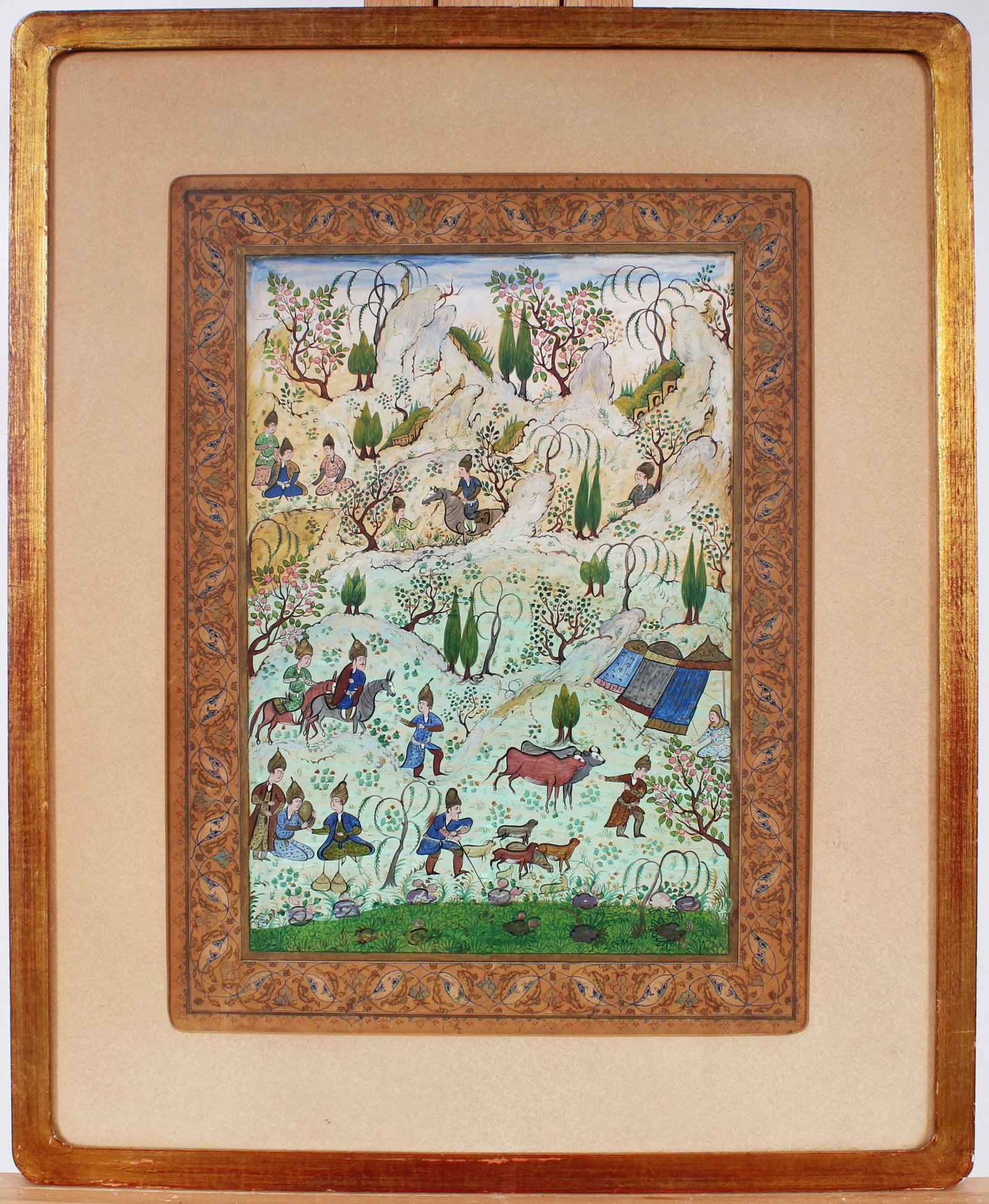Vintage Perisan Finely Painted Orientalist Painting with Figures Framed: Vintage Persian landscape painting. Measuring: 22 by 18 inches overall, and 16 by 12 painting alone. Please see all images for condition. Size is measured and written on the back of the painting or ne