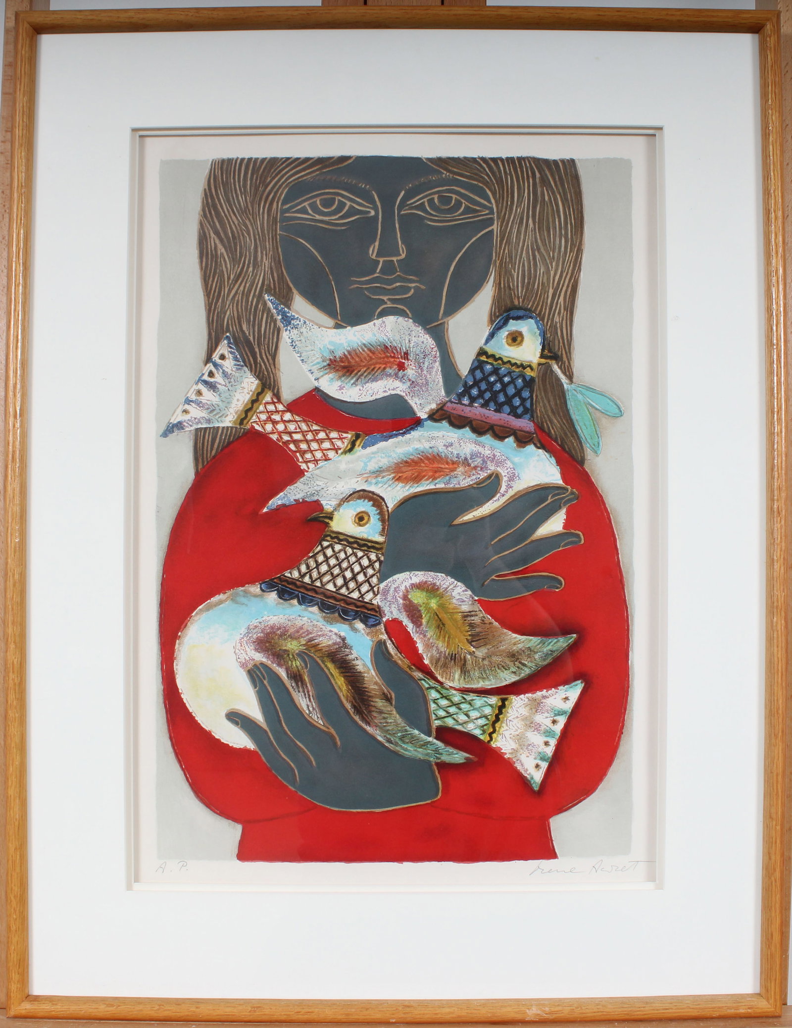 Irene Awret "Two Doves" Vintage Print: Vintage print. Measuring: 20 by 24 inches overall, and 16 by 20 painting alone. Please see all images for condition. Size is measured and written on the back of the painting or next to each object. Th