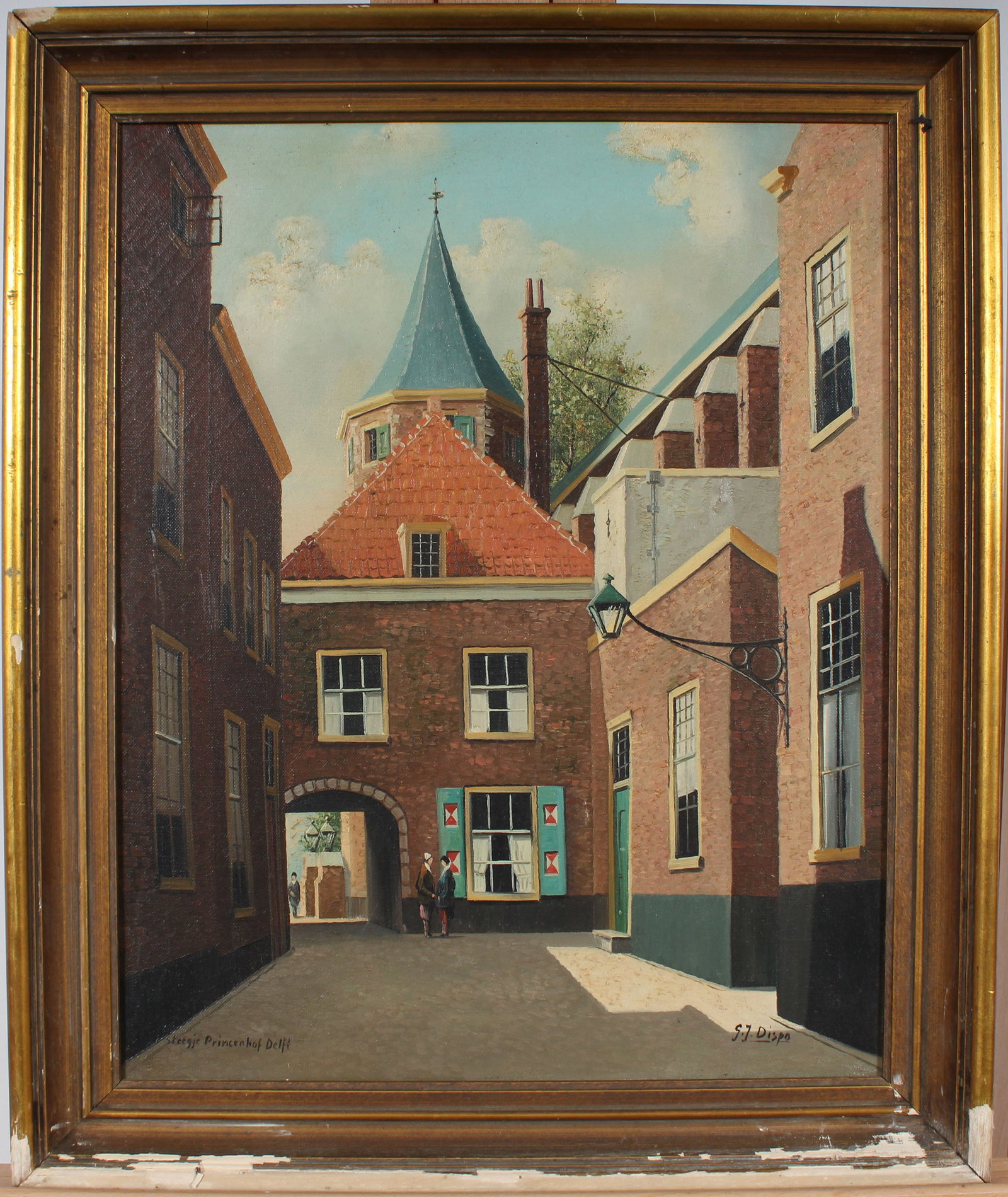 Vintage Framed European Street Scene Signed Painting: Vintage European street scene oil painting. Measuring: 24 by 20 inches overall, and 20 by 16 painting alone. Please see all images for condition. Size is measured and written on the back of the painti