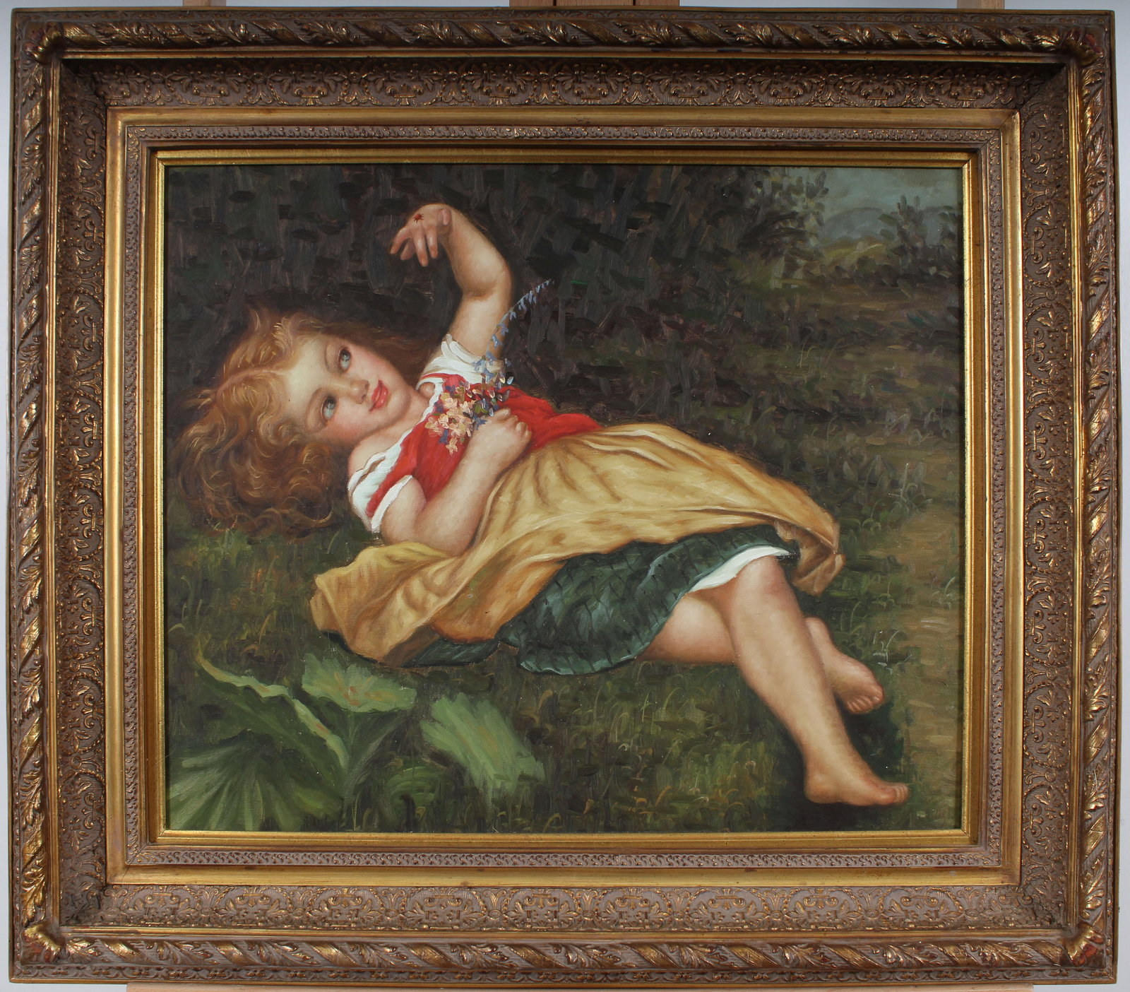 Contemporary Impressionist Portrait of Young Girl Framed Oil Painting: Contemporary portrait oil painting. Measuring: 29 by 33 inches overall, and 20 by 24 painting alone. Please see all images for condition. Size is measured and written on the back of the painting or ne