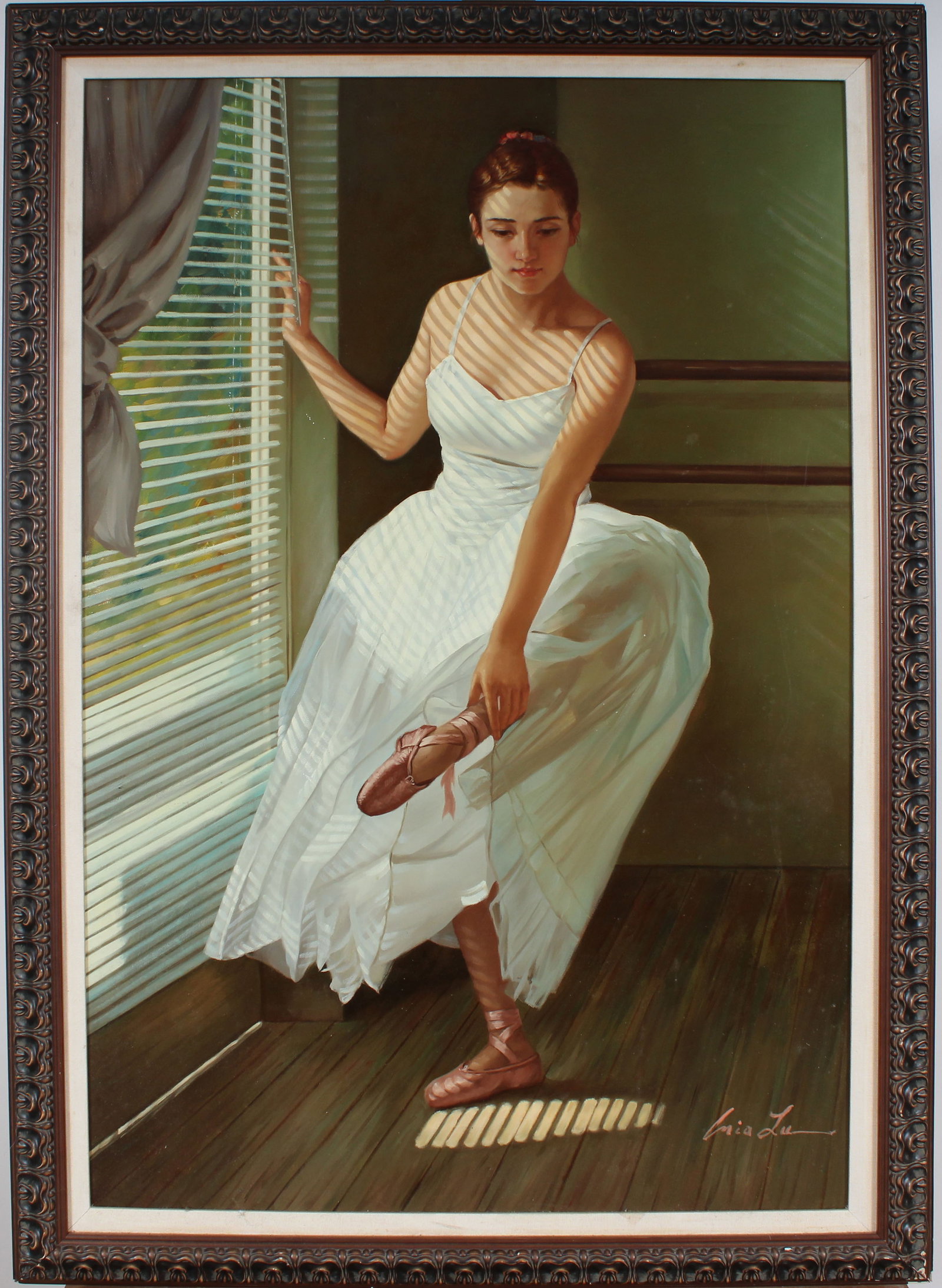 Contemporary Signed Realist Ballerina Portrait Large Framed Oil Painting: Contemporary signed dancer portrait oil painting. Measuring: 41 by 29 inches overall, and 36 by 24 painting alone. Please see all images for condition. Size is measured and written on the back of the