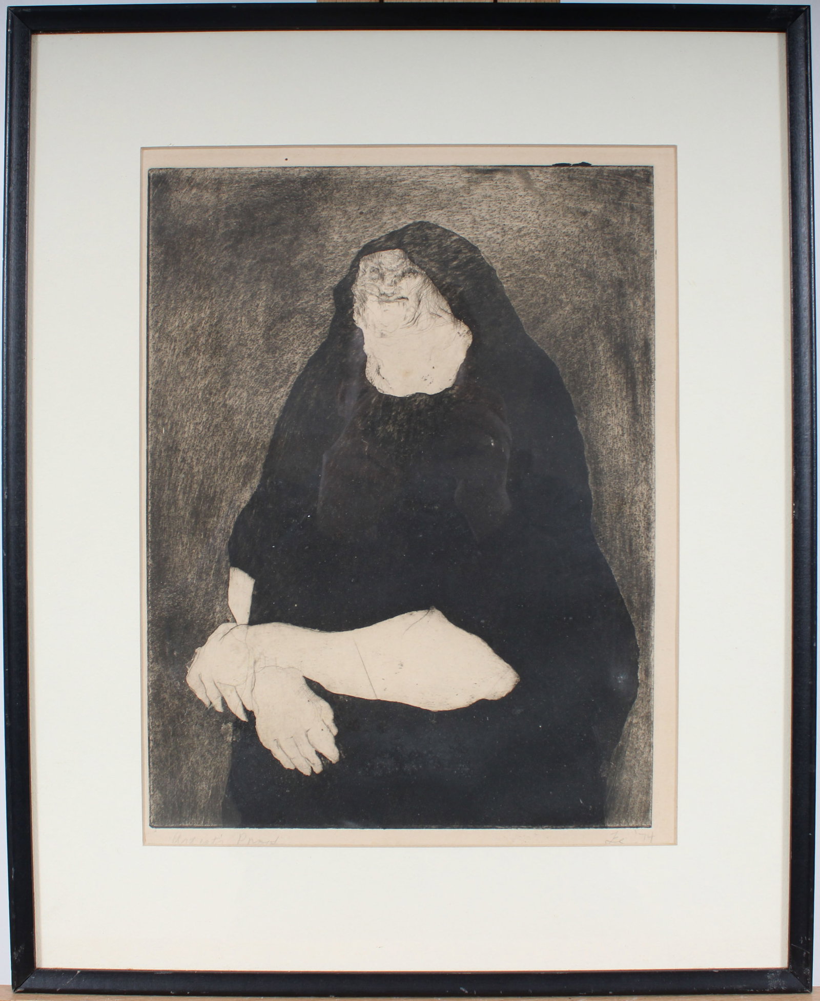 Vintage Signed American School Modernist Woman Portrait Framed Etching: Vintage American modernist print. Signed. Measuring: 21 by 17 inches overall, and 14.5 by 11 painting alone. Please see all images for condition. Size is measured and written on the back of the painti