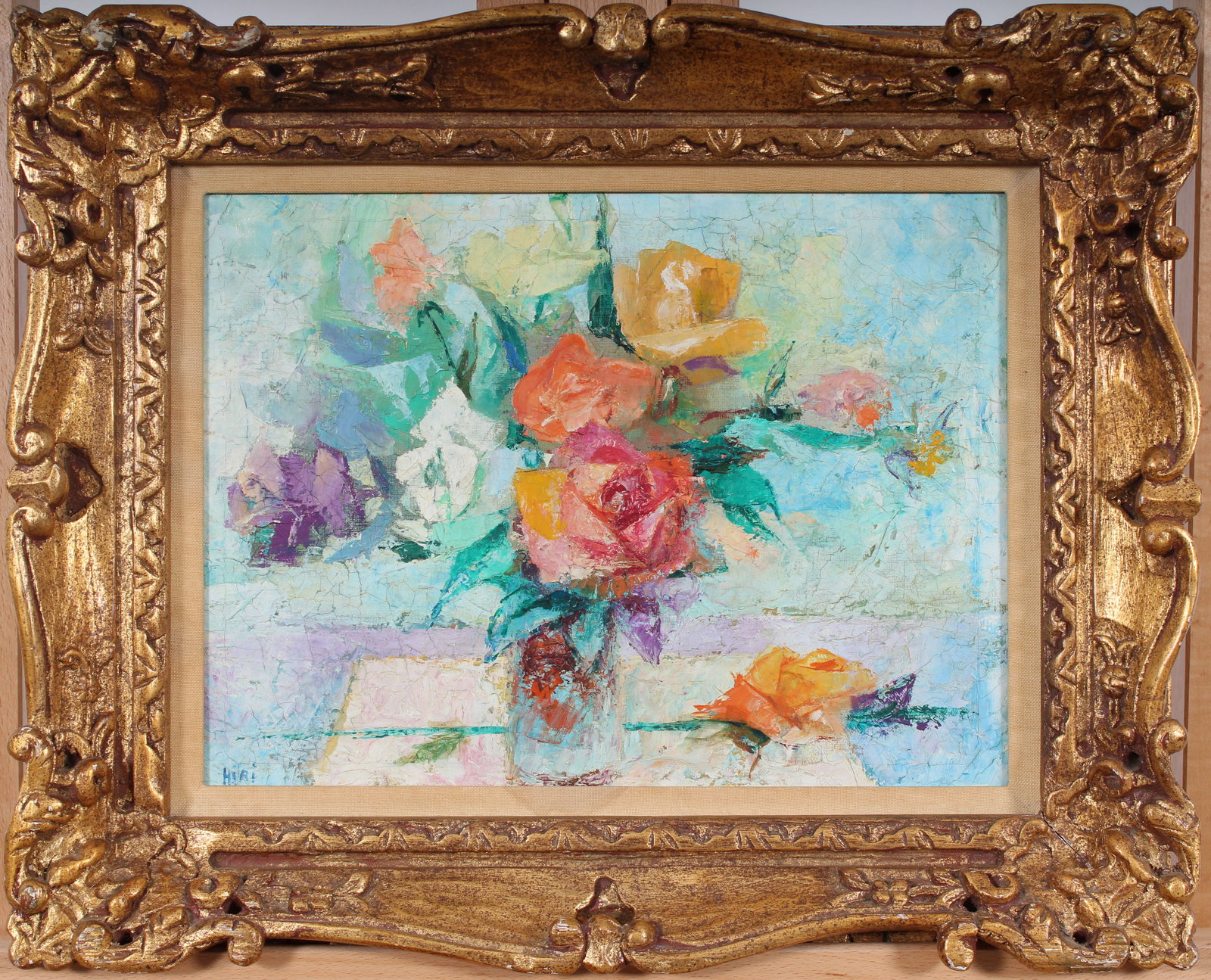 Guy Max Hiri (b1928) Signed Vintage Modernist Flower Still Life Framed Oil Painting: Vintage American modernist still life framed oil painting. Measuring: 18 by 22 inches overall, and 12 by 16 painting alone. Please see all images for condition. Size is measured and written on the bac