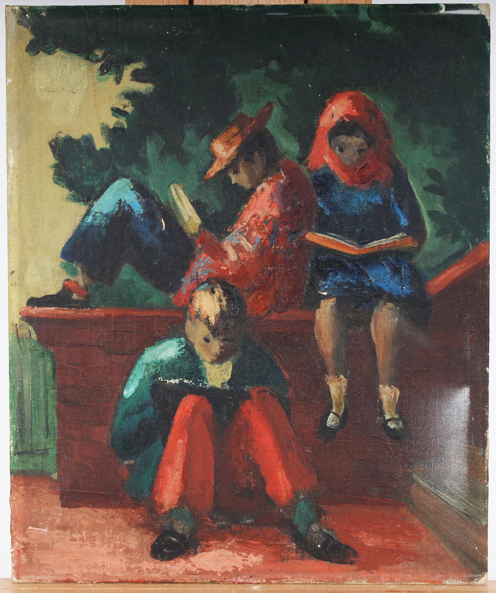 Vintage American School Modernist Children Reading Original Oil Painting: Vintage American impressionist children reading oil painting. Measuring: 12 by 10 inches overall. Please see all images for condition. Size is measured and written on the back of the painting or next