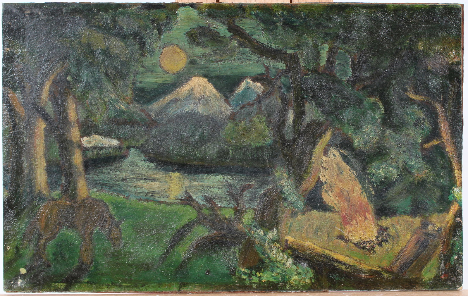 Vintage American Modernist Moonlit Campfire Outsider Folk Art Landscape Oil Painting: Vintage American landscape oil painting. Measuring: 9.25 by 14.75 inches overall. Please see all images for condition. Size is measured and written on the back of the painting or next to each object.