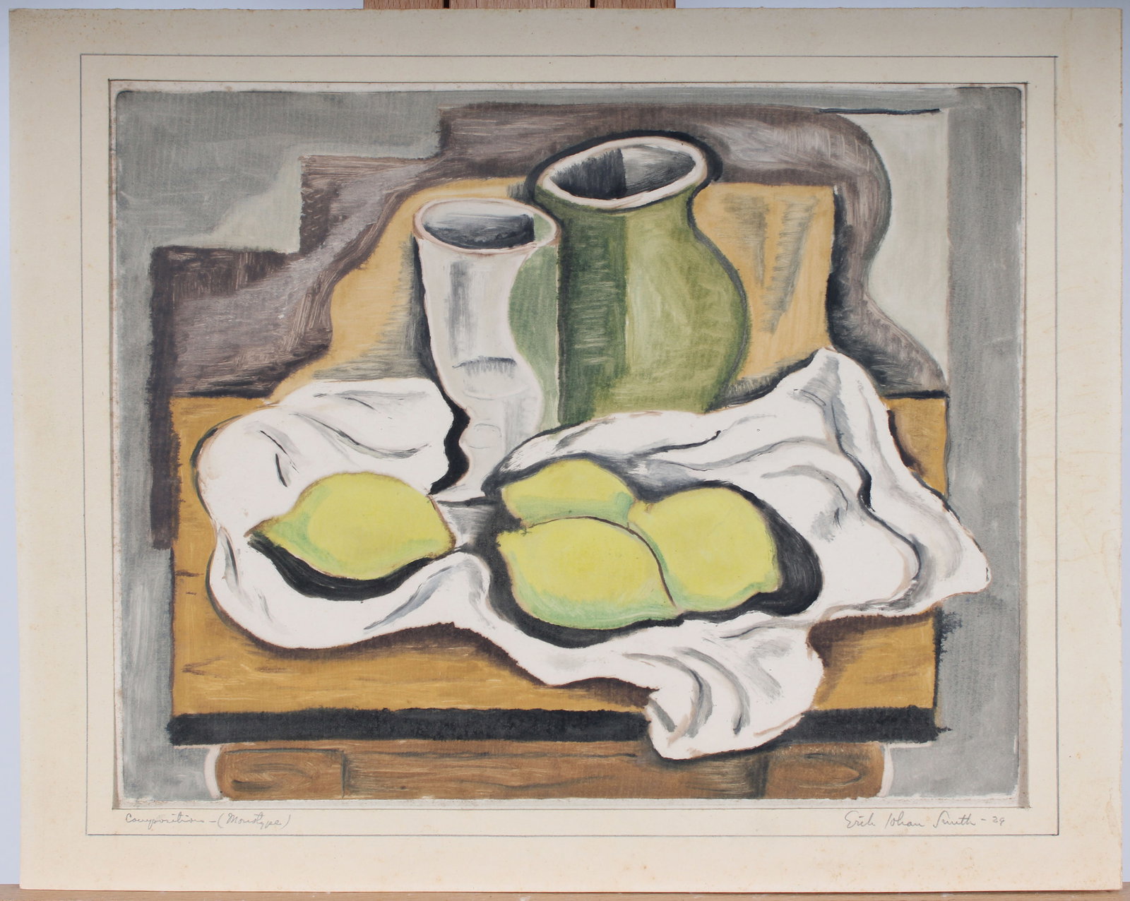 Erik Johan Smith Signed Vintage Modernist Monotype Stil Life Print: Vintage modernist monotype. Measuring: 14.5 by 18 inches overall, and 12 by 15 painting alone. Please see all images for condition. Size is measured and written on the back of the painting or next to