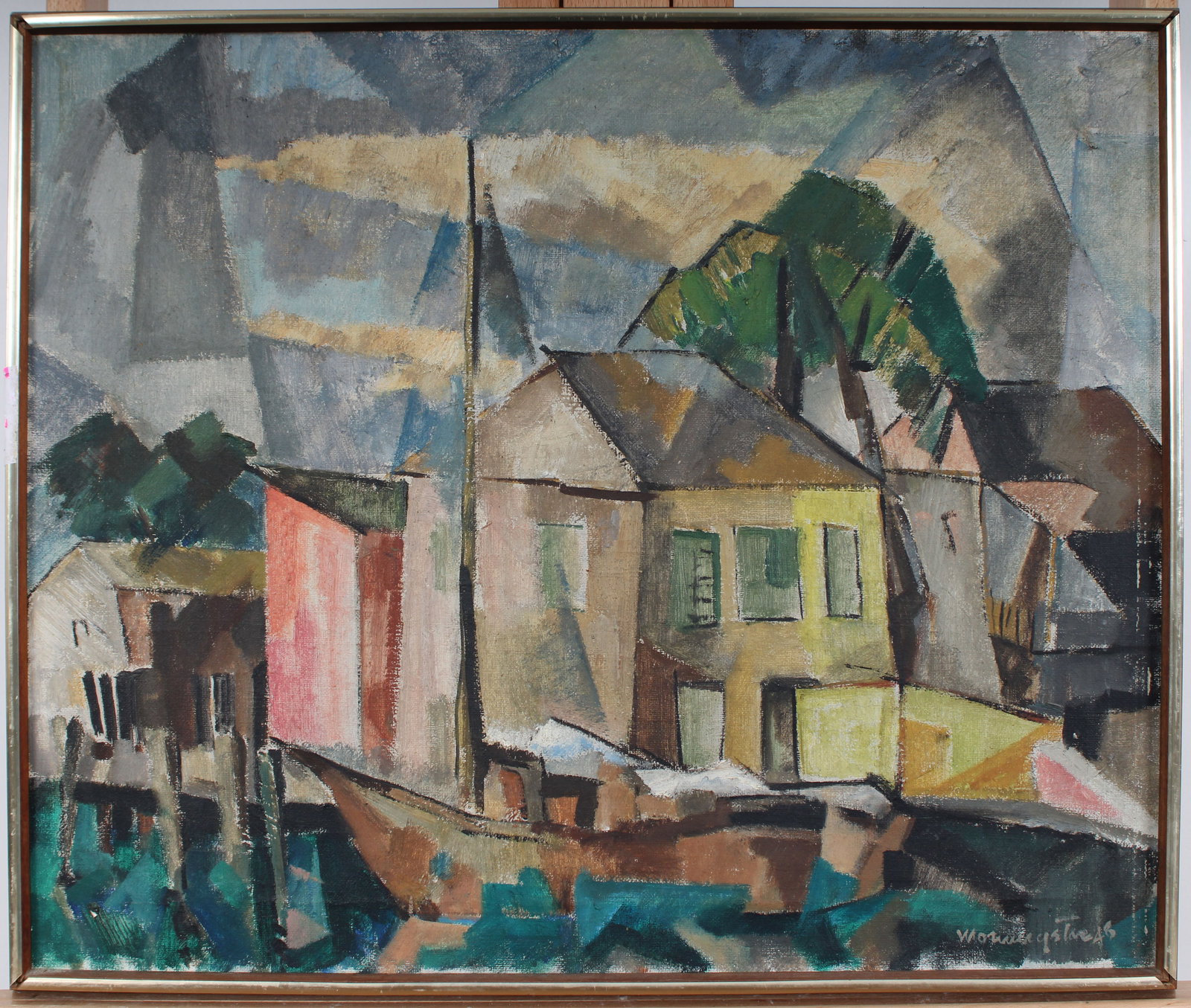 Signed 1948 Vintage American Modernist Coastal Dock Scene Framed Cubist Oil Painting (1 of 8)