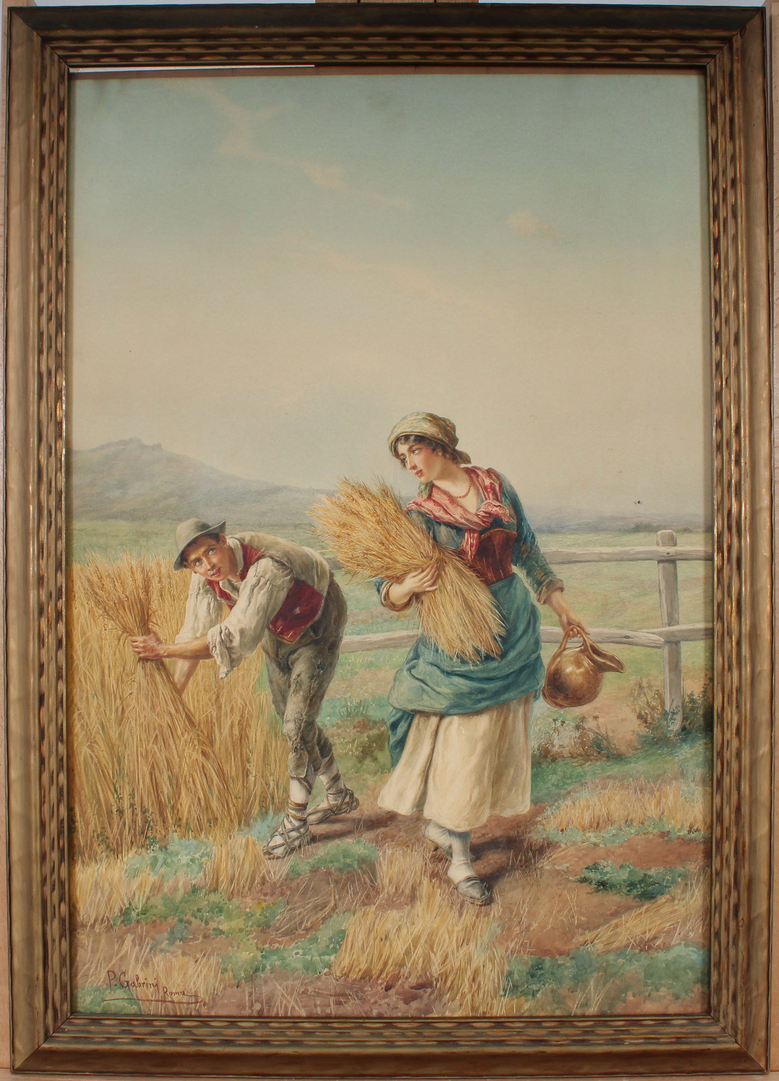 Antique Italian Impressionist Framed Farm Scene Figural Landscape Signed Painting: Antique Italian landscape painting. Measuring: 33 by 23.5 inches overall, and 29.5 by 20 painting alone. Please see all images for condition. Size is measured and written on the back of the painting o