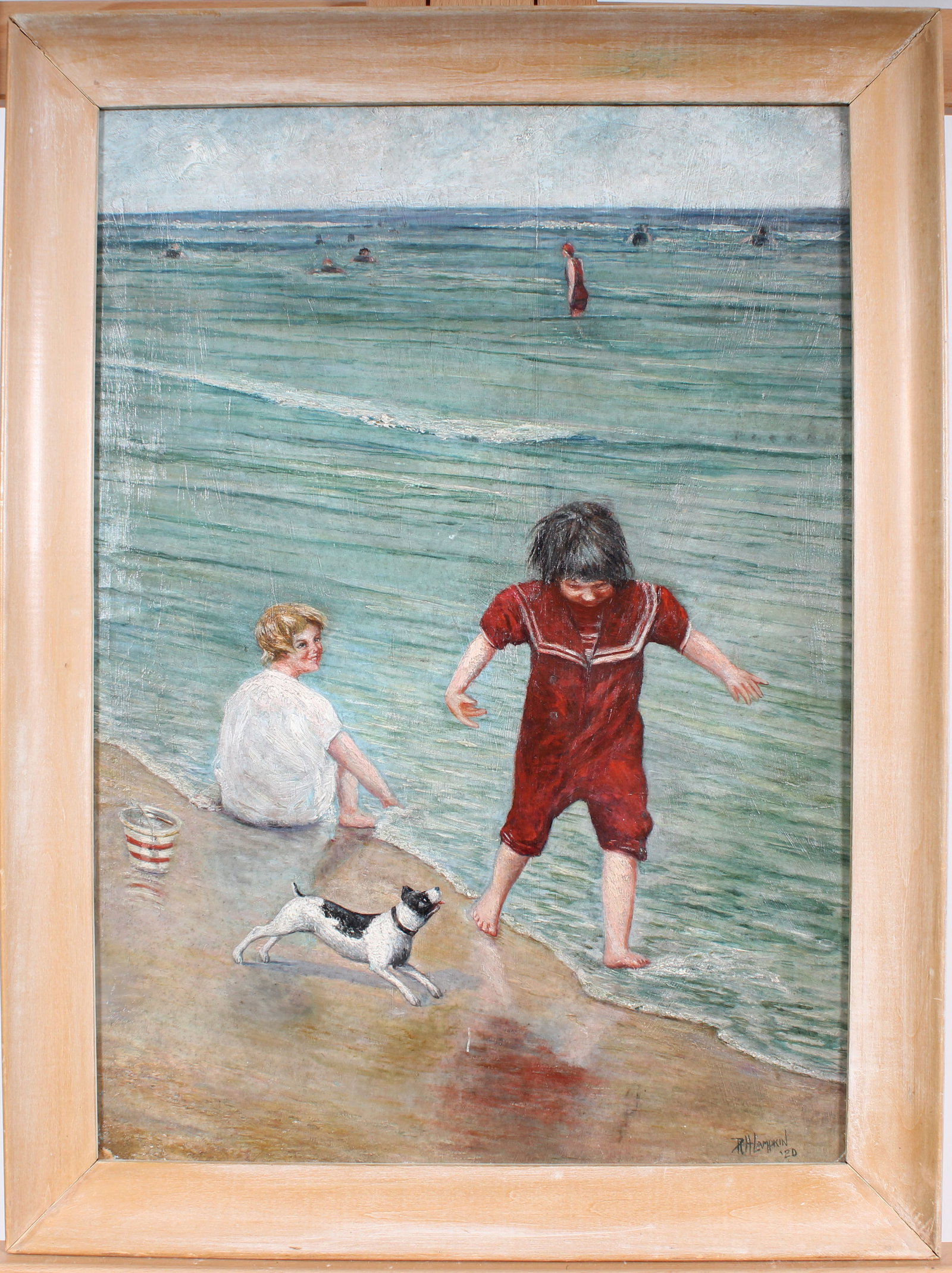 Richard Henry Lampkin (b1866) Vintage American Kentucky Impressionist Beach Scene Oil Painting: Vintage American impressionist beach scene oil painting. Signed. Framed. Measuring: 27 by 21.5 inches overall, and 23.5 by 17 painting alone. Please see all images for condition. Size is measured and