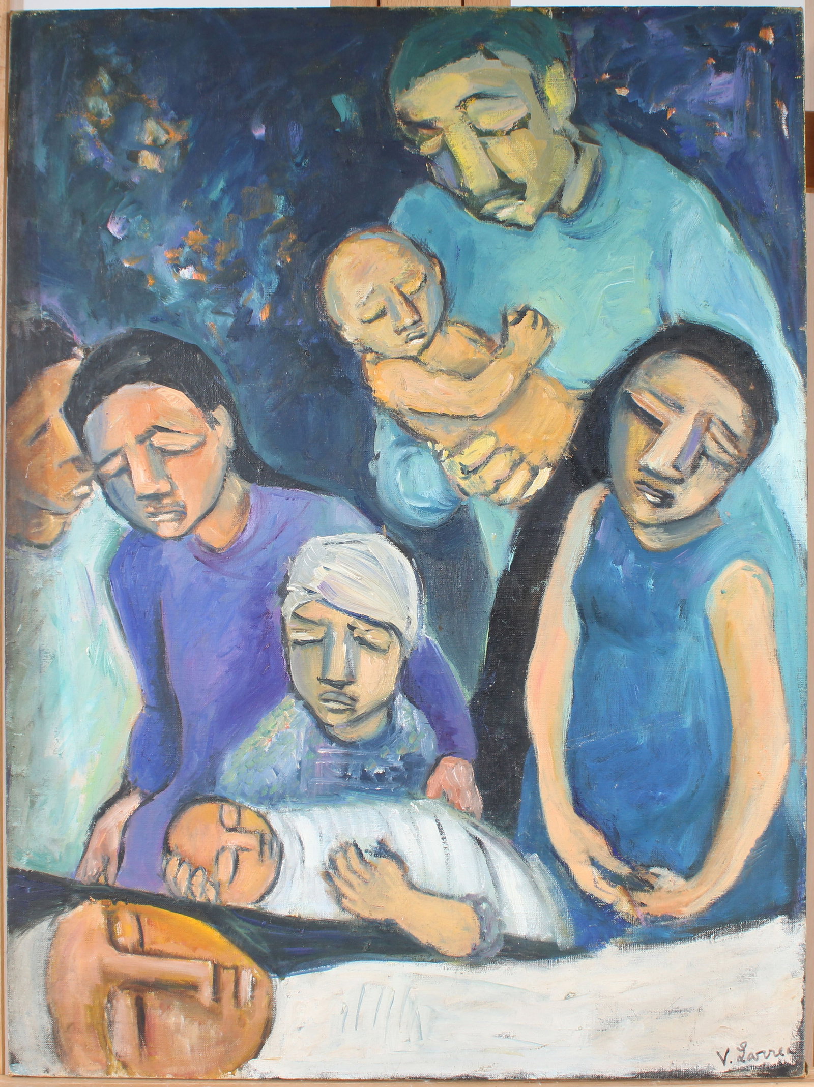 Vintage Latin American Modernist Family Portait Oil Painting: Vintage Latin American oil painting. Measuring: 30 by 22 inches overall. Please see all images for condition. Size is measured and written on the back of the painting or next to each object. The first