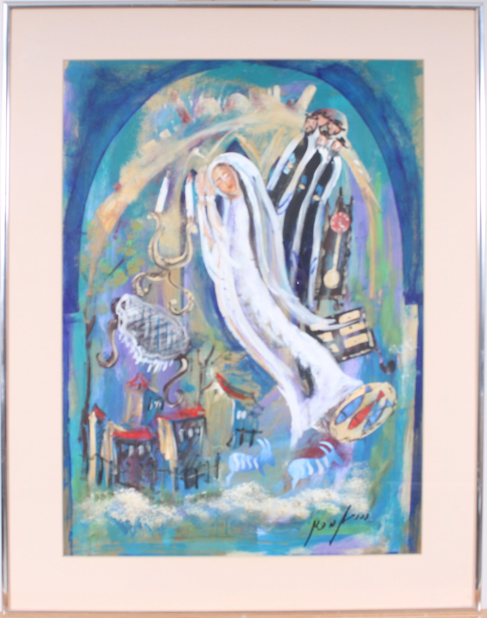 "The Jewish Bride" Vintage Signed Israeli Modernist Framed Painting: Vintage modernist wedding scene painting. Measuring: 23.5 by 18.5 inches overall, and 18.5 by 13.5 painting alone. Please see all images for condition. Size is measured and written on the back of the