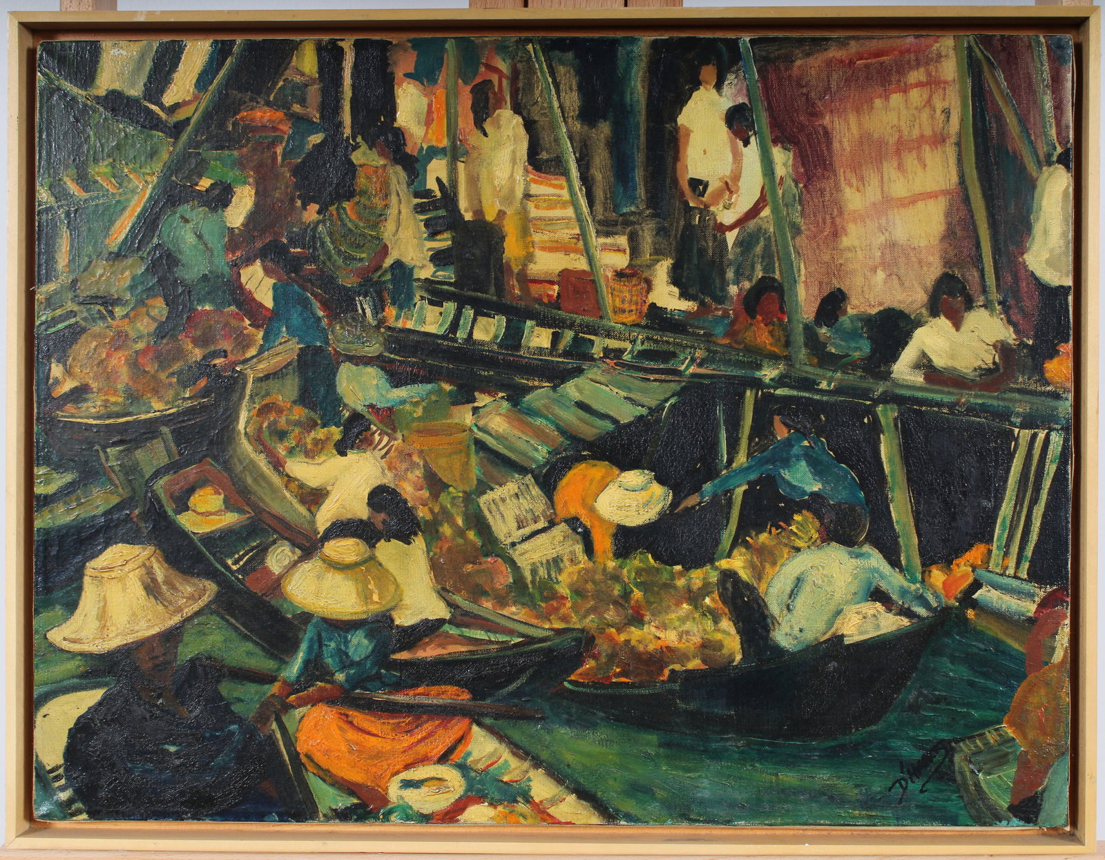 Signed Vintage Vietnamese Floating Market Modernist Figural Framed Oil Painting: Vintage Vietnamese signed oil painting. Measuring: 19.5 by 25.5 inches overall, and 18 by 24 painting alone. Please see all images for condition. Size is measured and written on the back of the painti