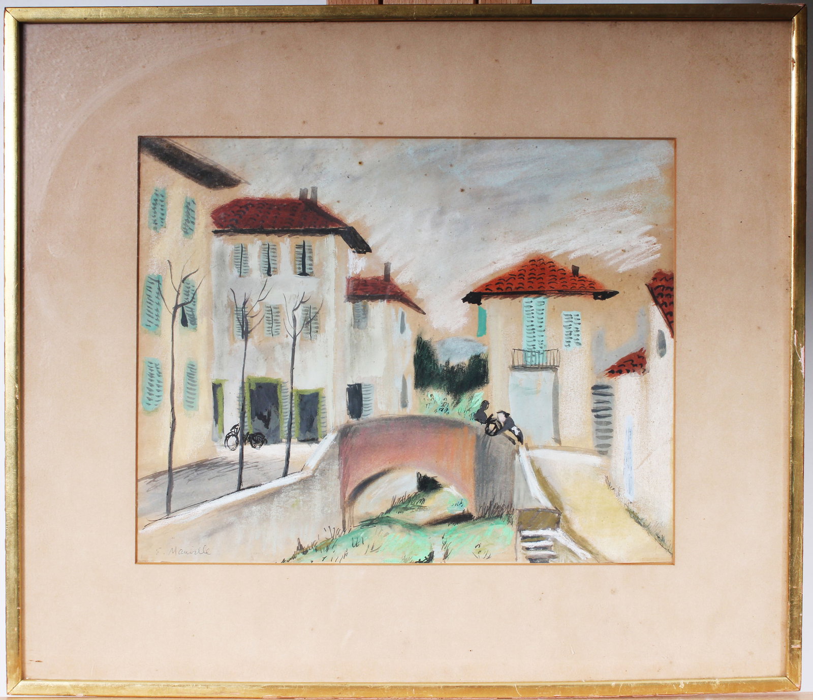 Signed Post Impressionist French Vintage Modernist Street Scene Mixed Media Framed Painting: Vintage European street scene mixed media pastel painting. Measuring: 17 by 20 inches overall, and 10.5 by 13.5 painting alone. Please see all images for condition. Size is measured and written on the
