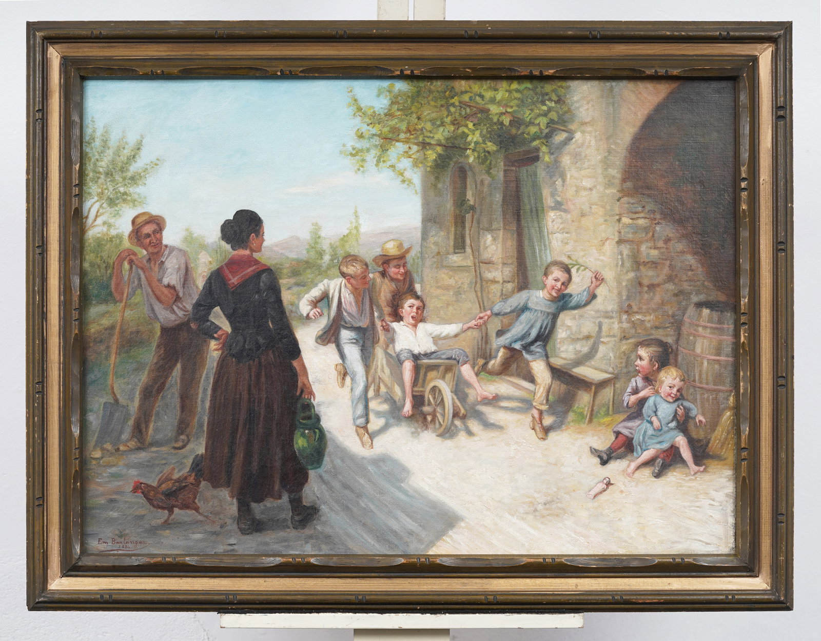 Signed French 19th Century Genre Scene Framed "Children Playing" Countryside Original Oil Painting: Vintage signed, framed European oil painting on canvas. Apears to read "Em. Boulanger". Measuring: 28 by 37 inches overall, and 23.25 by 31.75 painting alone. Please see all images for condition. Size