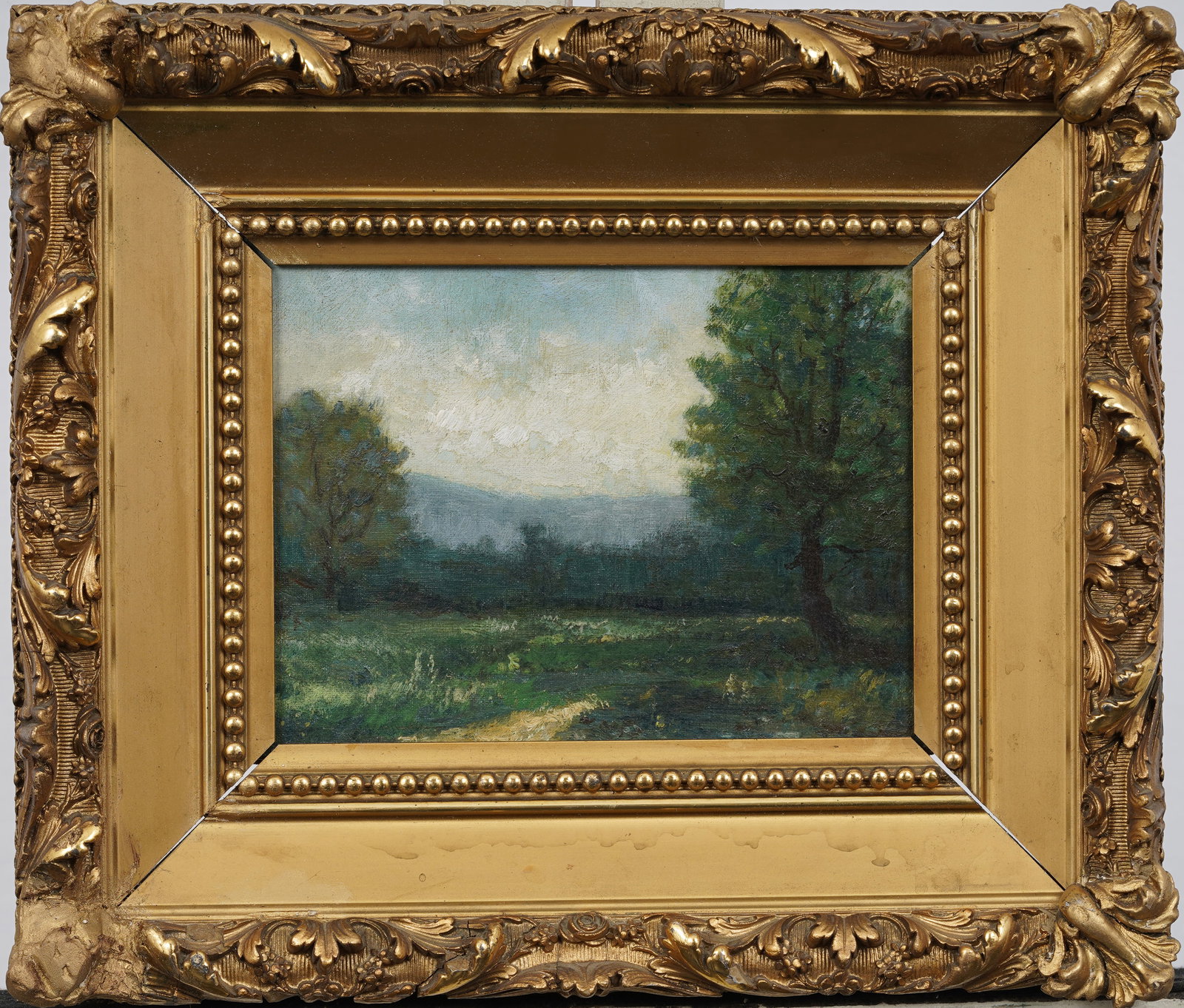 Antique Nicely Framed Summer Mountain Landscape Original Oil Painting: Antique landscape oil painting on canvas. Measuring: 11.5 by 13.5 inches overall, and 6 by 8 painting alone. Please see all images for condition. Size is measured and written on the back of the painti