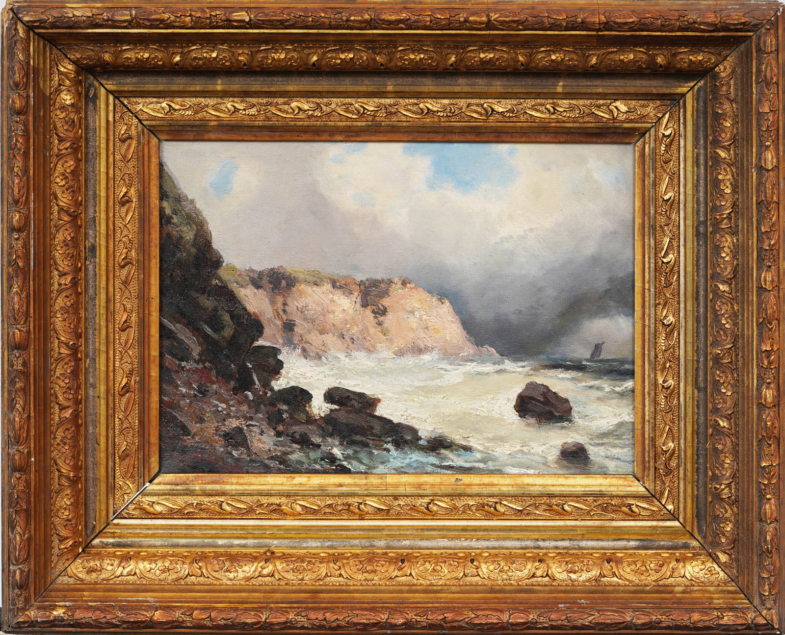 Antique Nicely Framed Crashing Surf Coastal Seascape Original Oil Painting (1 of 6)