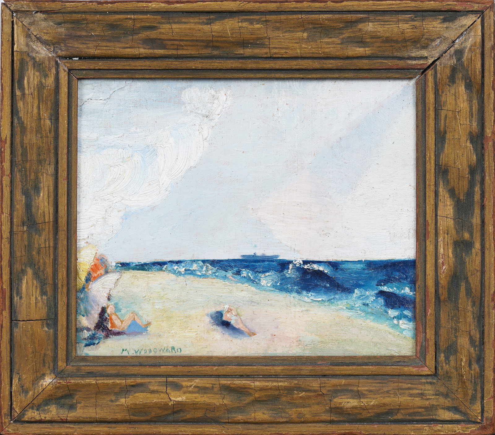 Mabel Woodward 1877-1945 Antique Impressionist Fort Lauderdal, FL Beach Scene Original Oil Painting: Antique signed American impressionist beach scene framed oil painting on board by Mabel Woodward 1877-1945. Measuring: 6 by 7 inches overall, and 4 by 5 painting alone. Please see all images for condi