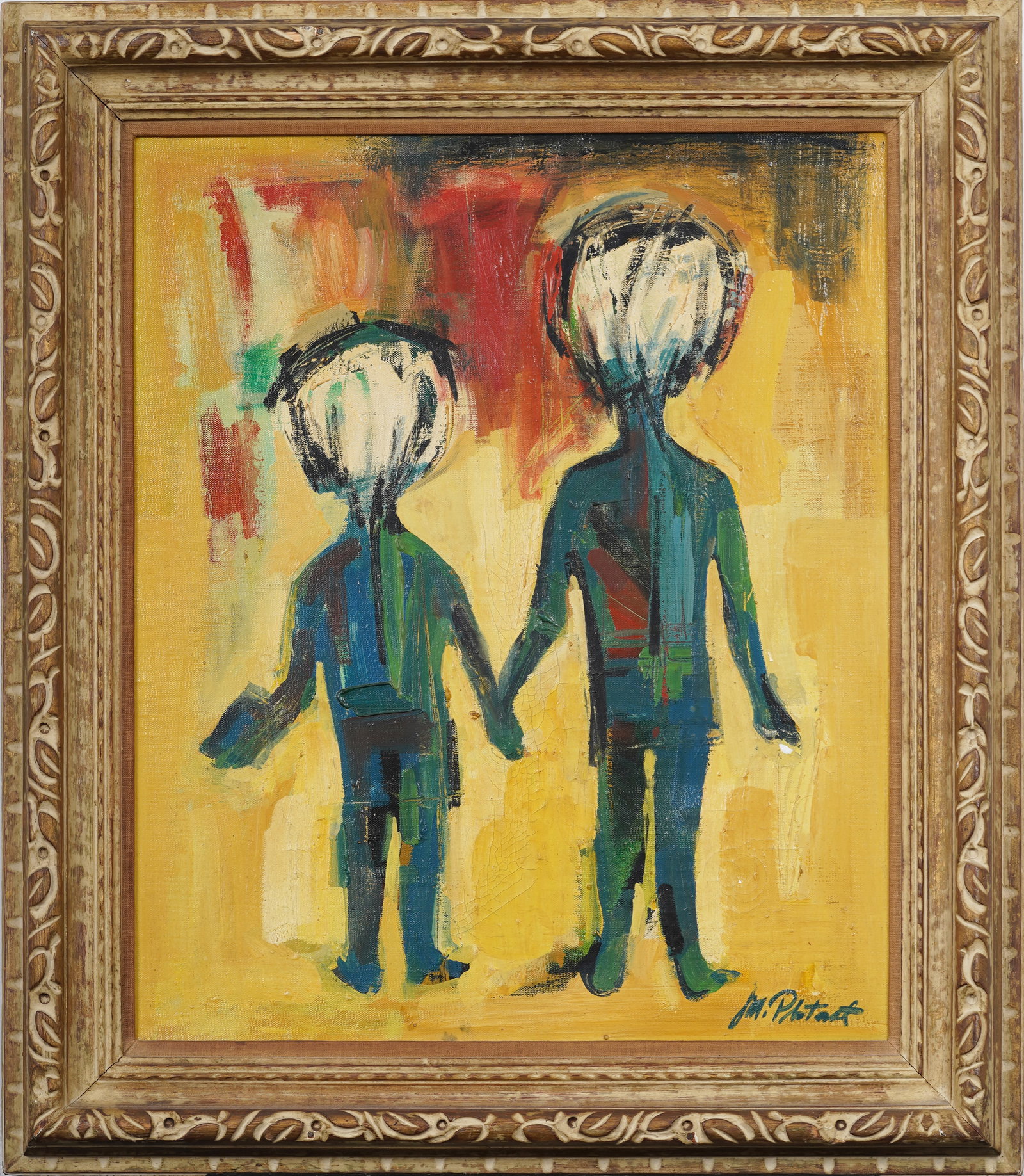 Vintage Signed Modernist Abstract Figural Portrait Framed Original Oil Painting: Vintage singed, framed modernust oil painting on canvas. Measuring: 31 by 27 inches overall, and 24.25 by 20.25 painting alone. Please see all images for condition. Size is measured and written on the