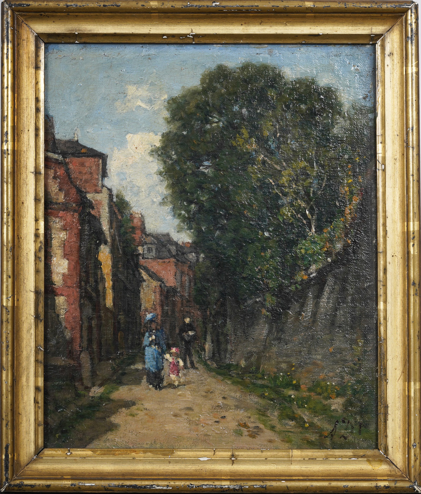Important Antique Elegant "Sunday Stroll In Paris" Monogrammed Framed Street Scene Oil Painting: Antique signed and framed French impressionist street scene oil painting on wood panel. Monogrammed and dated. Very finely painted. Measuring: 11 by 10 inches overall, and 9.5 by 7.5 painting alone. P