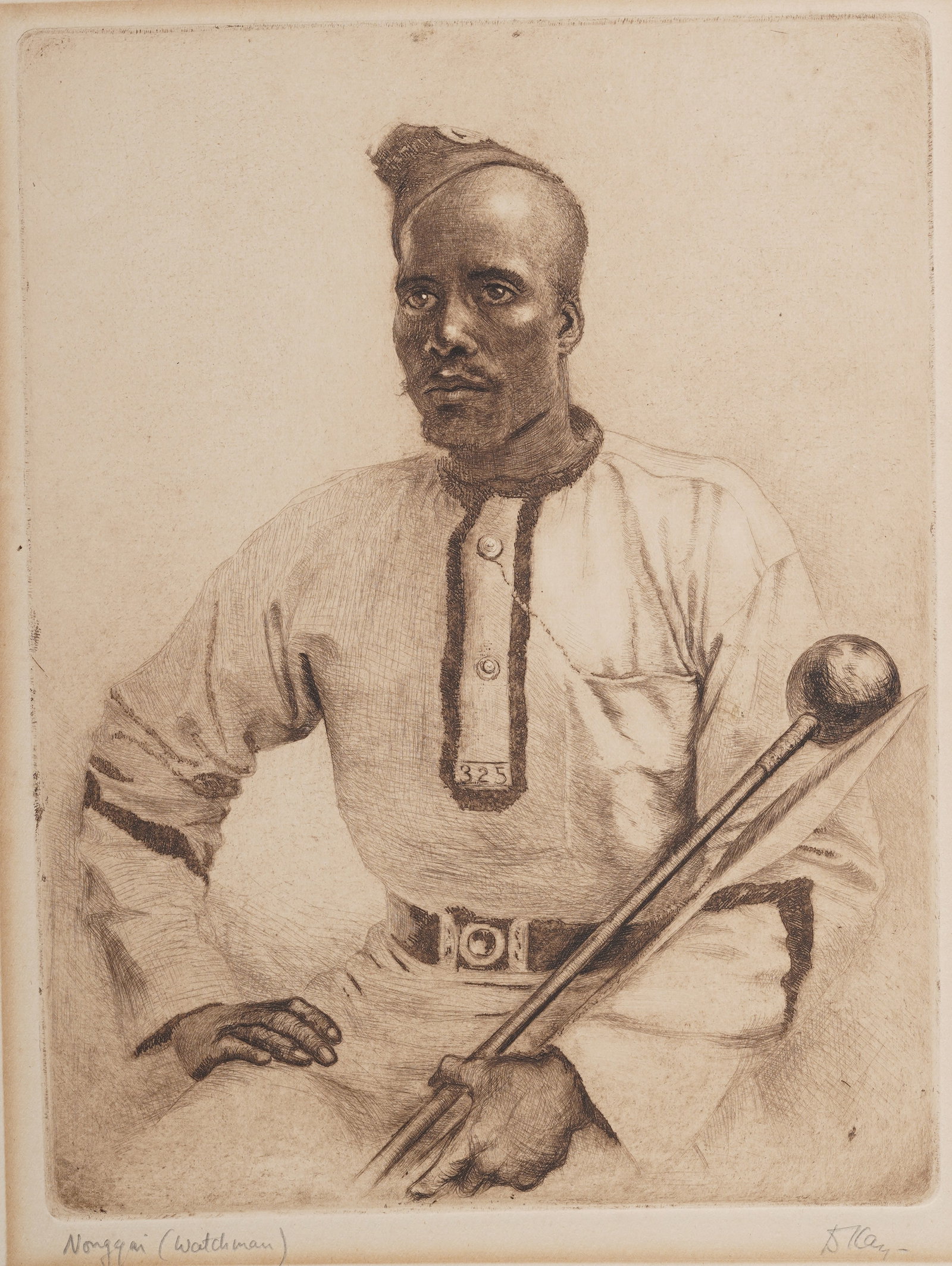 Dorothy Kay 1886-1964 "Nongqai (Watchman)" Antique Signed Etching Portrait: Antique etching on paper. Measuring: 12 by 10 inches overall, and 9.5 by 8 painting alone. Please see all images for condition. Size is measured and written on the back of the painting or next to each