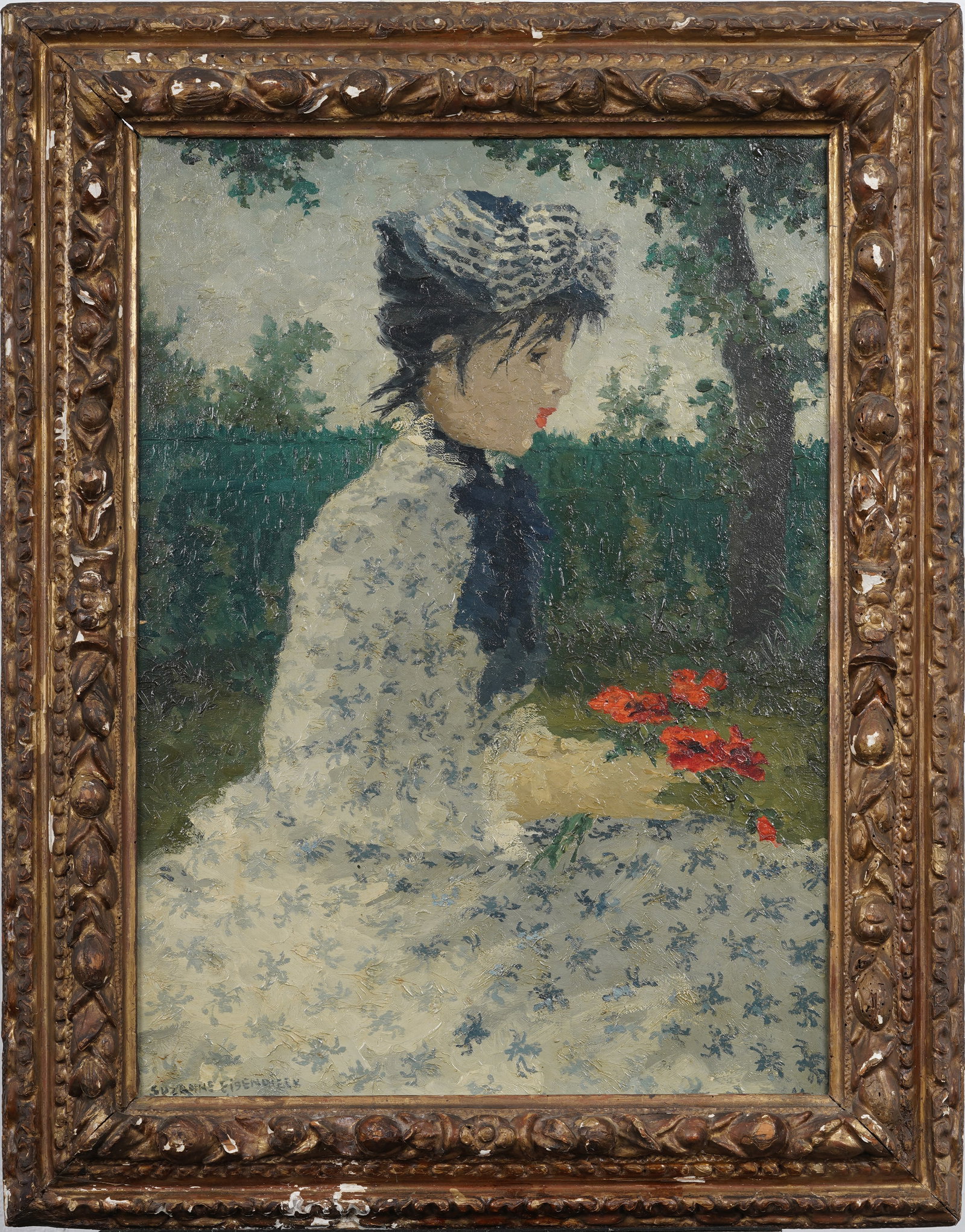 Suzanne Eisendieck 1908-1998 Vintage French Impressionist Framed Woman Portrait Oil Painting: Vintage signed framed French impressionist portrait oil painting on canvas by Suzanne Eisendieck 1908-1998. Oil on canvas. Framed. Measuring: 32 by 25 inches overall, and 26 by 18 painting alone. Plea