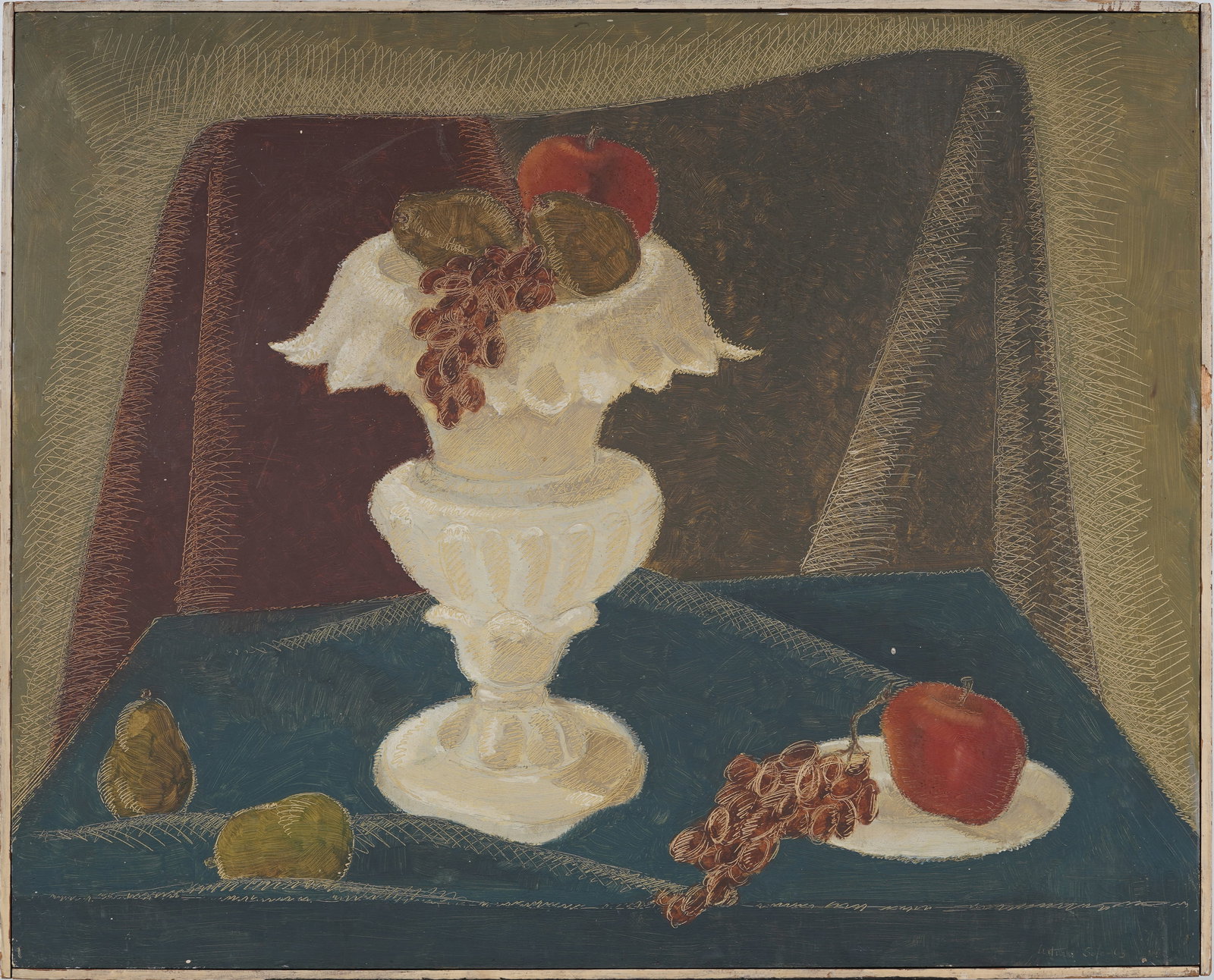 Vintage Mid Century American Modernist Cubist Abstract Fruit Still Life Signed Original Oil Painting: Vintage signed American modern oil painting on board. Measuring: 25 by 31 inches overall, and 24 by 29.75 painting alone. Please see all images for condition. Size is measured and written on the back 