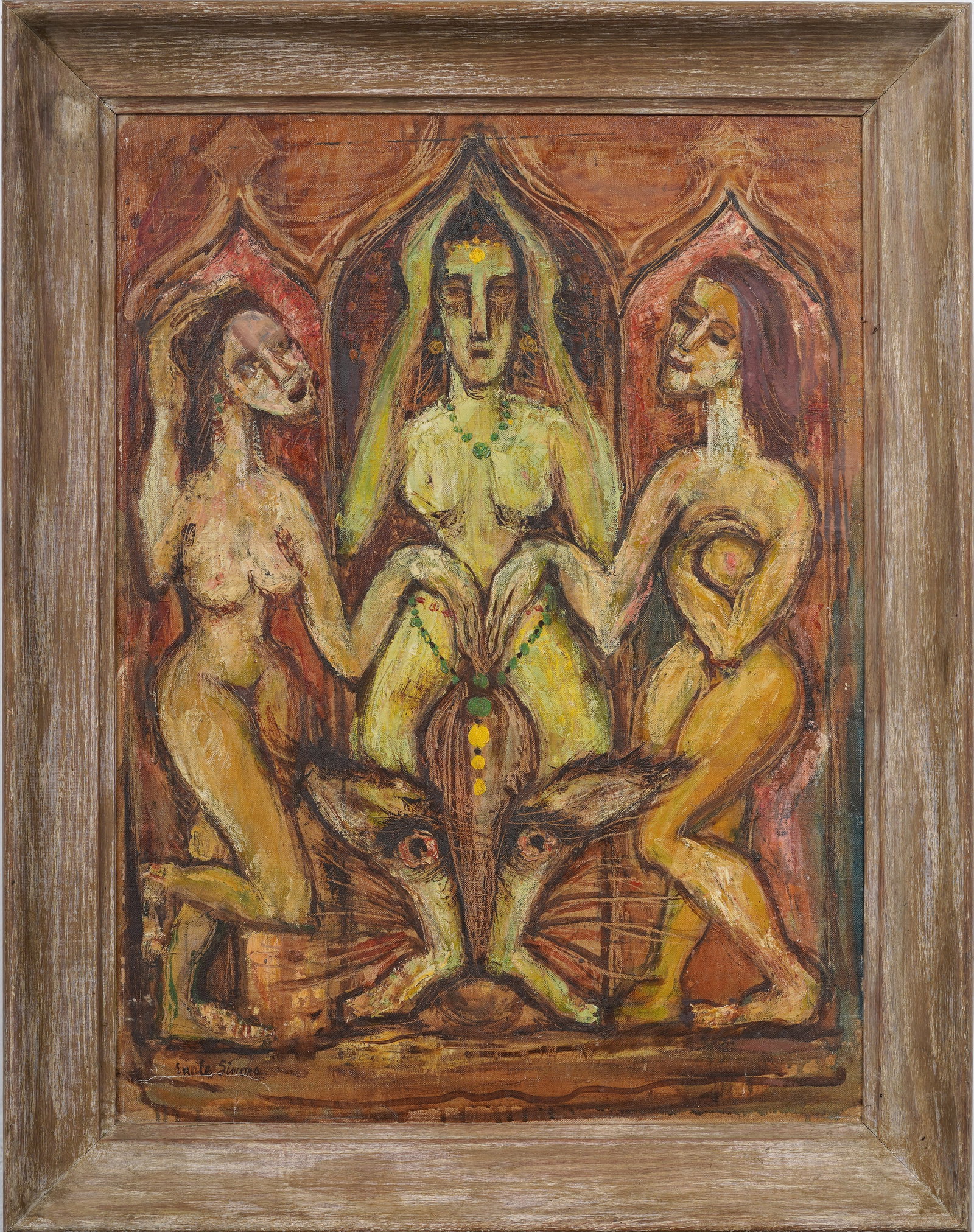 Vintage Midcentury American Yonic Triple Goddess Original Framed Oil Painting Signed "Simons": Signed, framed vintage American oil painting on board. Measuring: 29 by 23 inches overall, and 24 by 18 painting alone. Please see all images for condition. Size is measured and written on the back of