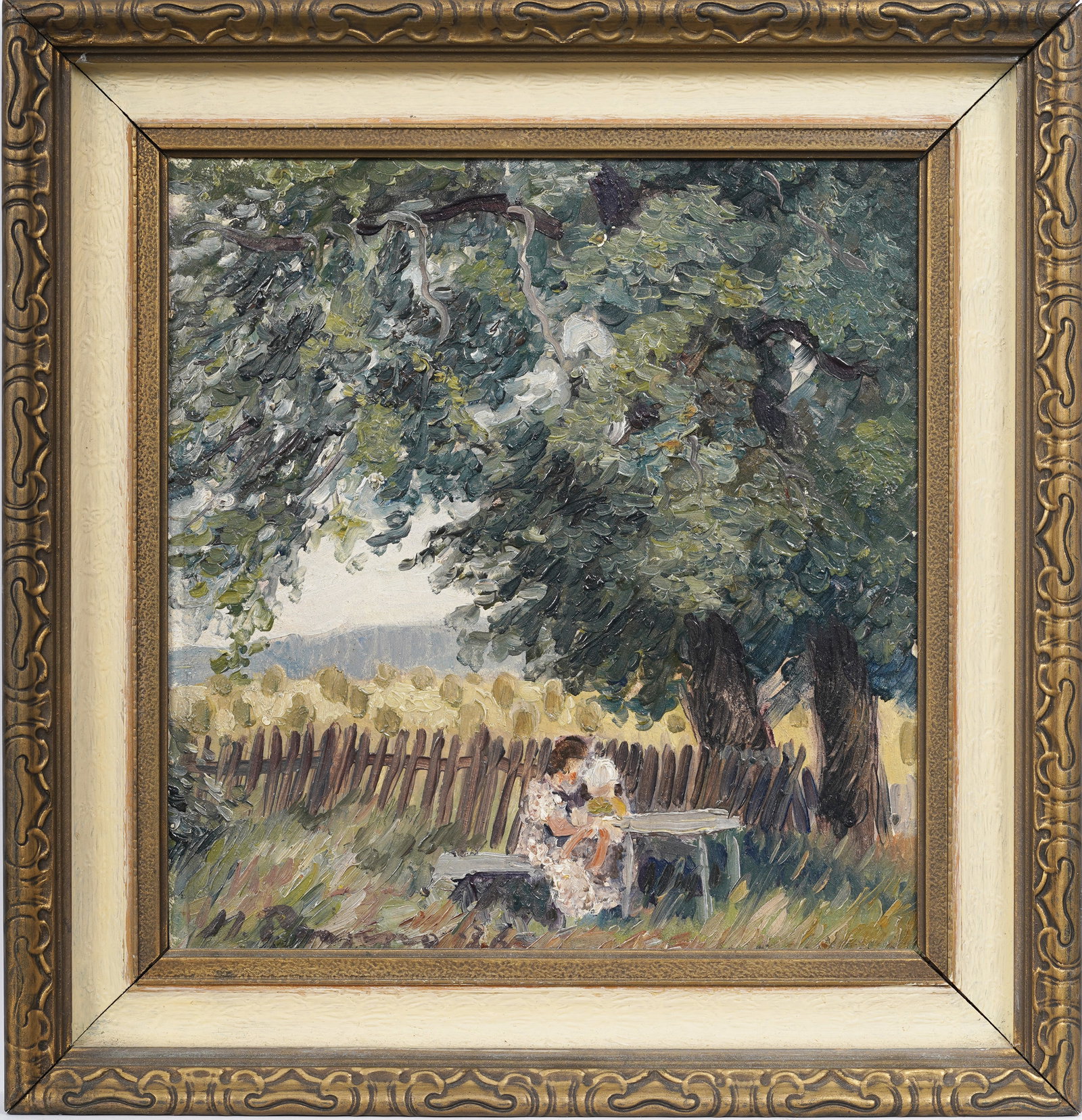 Vintage American Signed Impressionist Figural Landscape Mother and Child Framed Oil Painting: Vintage American impressionist framed landscape oil painting. Signed. Measuring: 14 by 14 inches overall, and 10 1/2 by 10 painting alone. Please see all images for condition. Size is measured and wri
