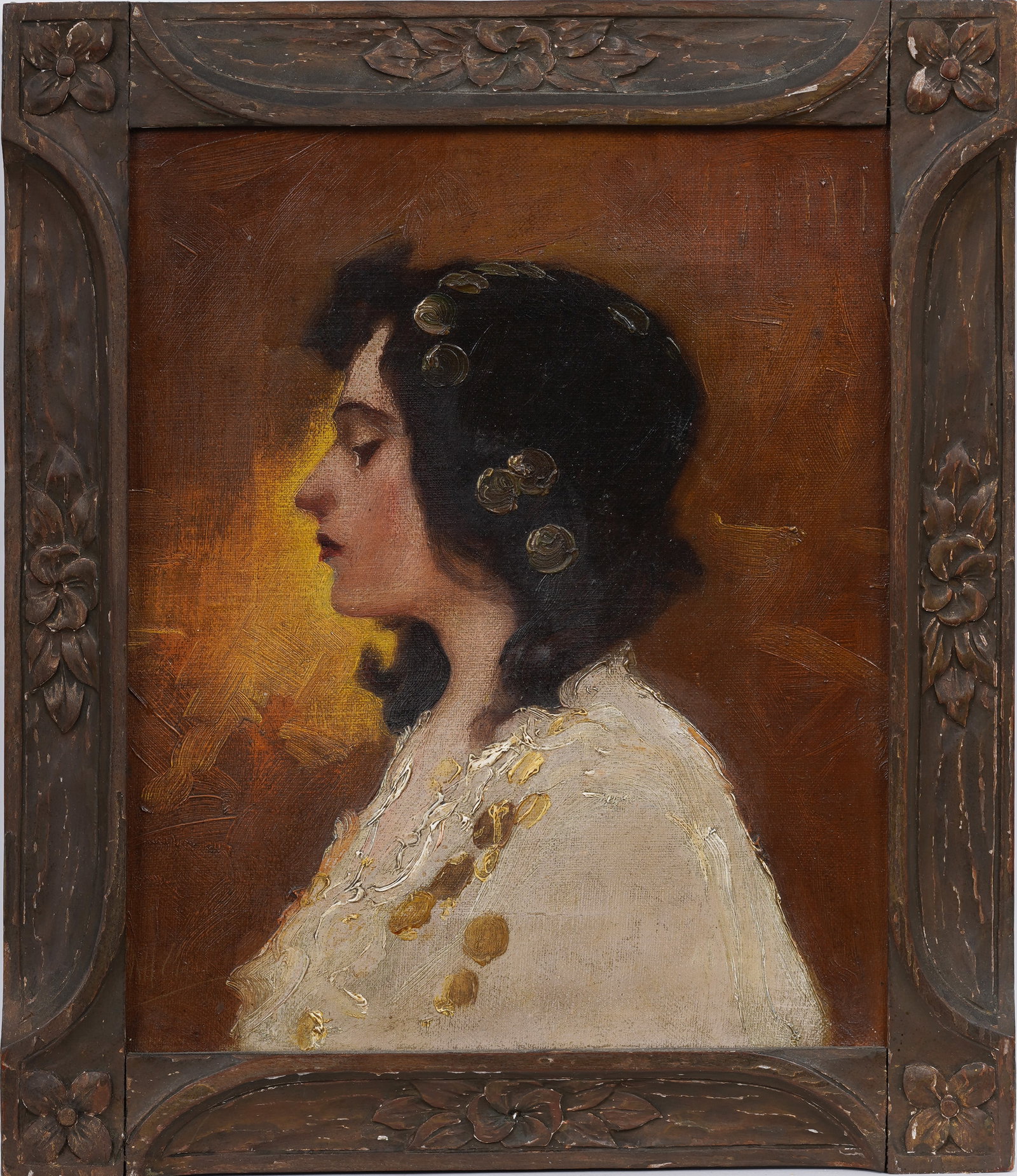 Antique American Art Nouveau Framed Young Woman Portrait Framed Original Oil Painting: Antique American impressionist portrait oil painting. Measuring: 14 by 11 inches overall, and 11 by 9 painting alone. Please see all images for condition. Size is measured and written on the back of t