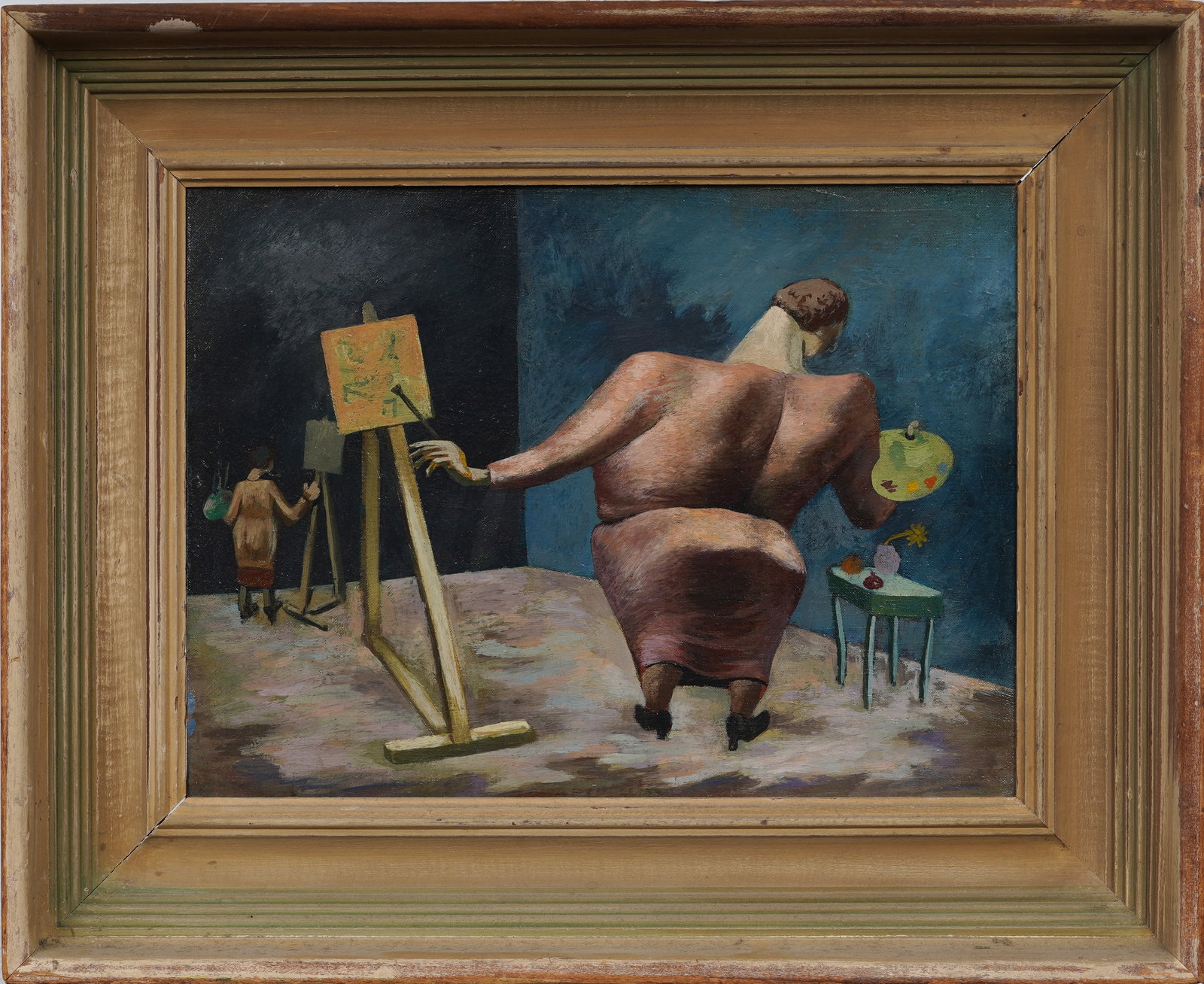 Incredible Vintage American Surreal Modernist Artist Studio Interior Scene Framed Oil Painting: Vintage American school surreal modernist oil painting. Measuring: 18 by 22 inches overall, and 12 by 16 painting alone. Please see all images for condition. Size is measured and written on the back o