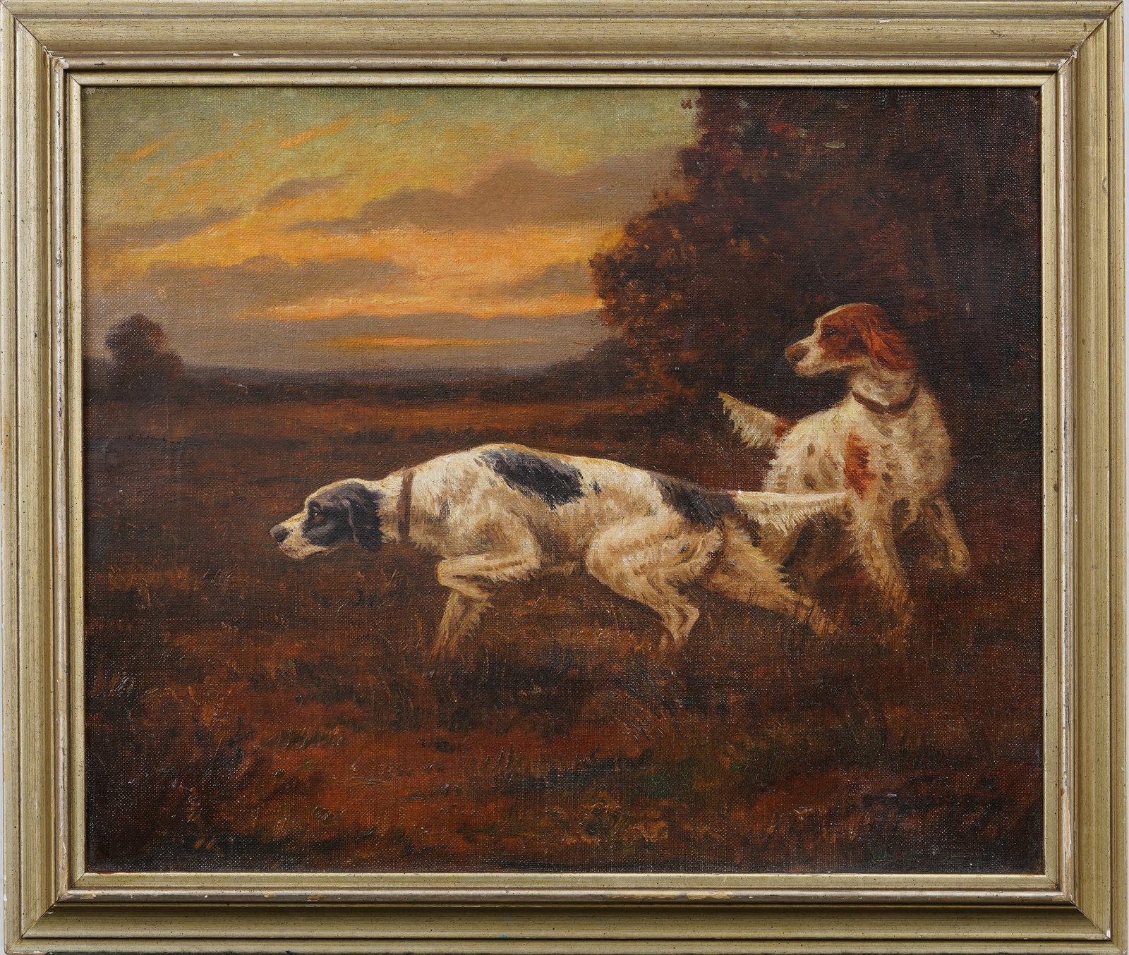 Antique Finely Executed Sunset Hunting Dog Landscape Framed European Original Oil Painting: Antique signed European sunset hunting dog landscape oil painting. Measuring: 16 by 19 inches overall, and 12 3/4 by 15 1/2 painting alone. Please see all images for condition. Size is measured and wr