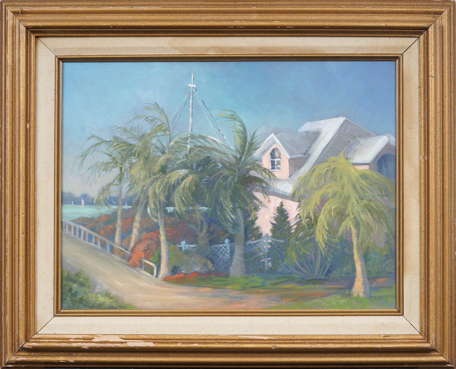 Vintage American Impressionist Framed Florida Coastal Landscape Signed Original Oil Painting: Vintage American impressionist Florida coastal oil painting. Measuring: 18 by 22 inches overall, and 12 by 16 painting alone. Please see all images for condition. Size is measured and written on the b