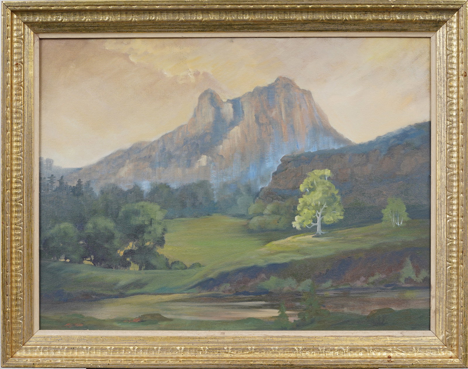 Vintage American School Western Impressionist Sunset Landscape Framed Original Oil Painting: Vintage American western landscape oil painting. Measuring: 22 by 28 inches overall, and 18 by 24 painting alone. Please see all images for condition. Size is measured and written on the back of the p