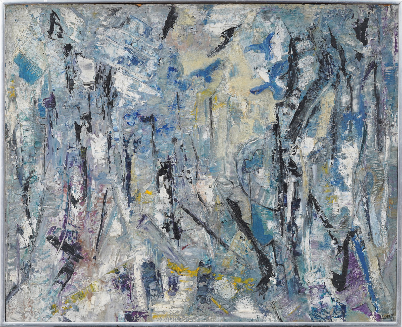 Vintage American Signed "Lebow" Abstract Expressionist Framed Original MCM 1958 Oil Painting: Vintage American oil painting. Measuring: 21 by 26 inches overall, and 19.75 by 24.75 painting alone. Please see all images for condition. Size is measured and written on the back of the painting or n