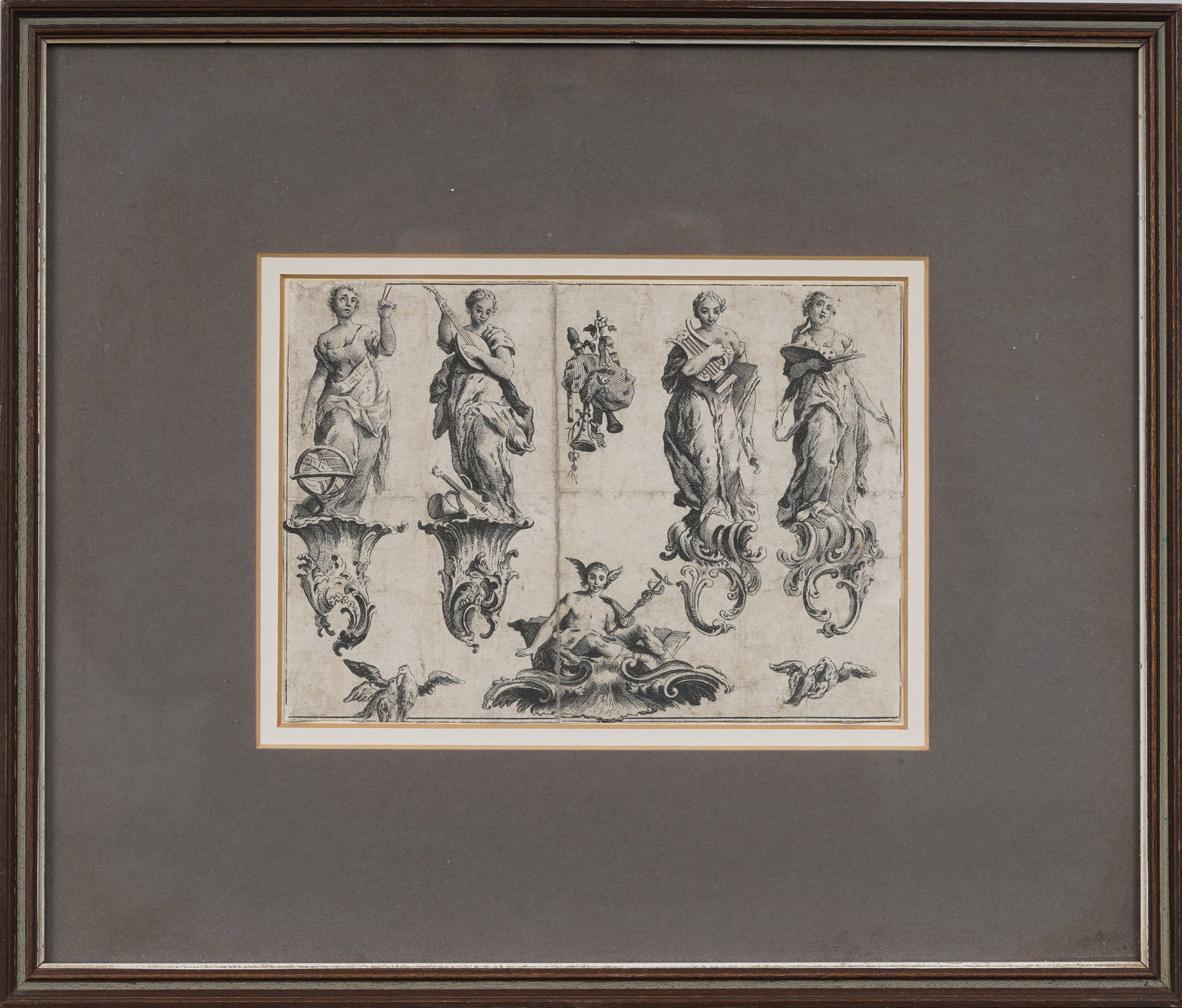 Vintage or Antique European Figural Print: Vintage or Antique European print. Measuring: 12 by 14 inches overall, and 5 1/2 by 7 1/2 painting alone. Please see all images for condition. Size is measured and written on the back of the painting 