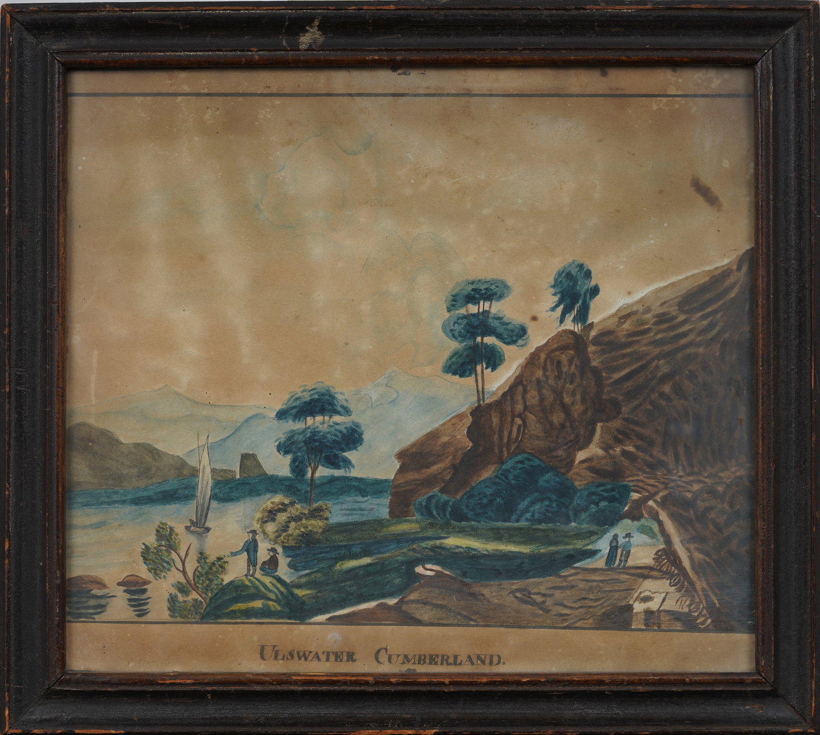 Ullswater in Cumberland EnglandAntique English Folk Art Framed Painting: Antique English folk art landscape painting. Measuring: 12 by 13 inches overall, and 10 by 12 painting alone. Please see all images for condition. Size is measured and written on the back of the paint
