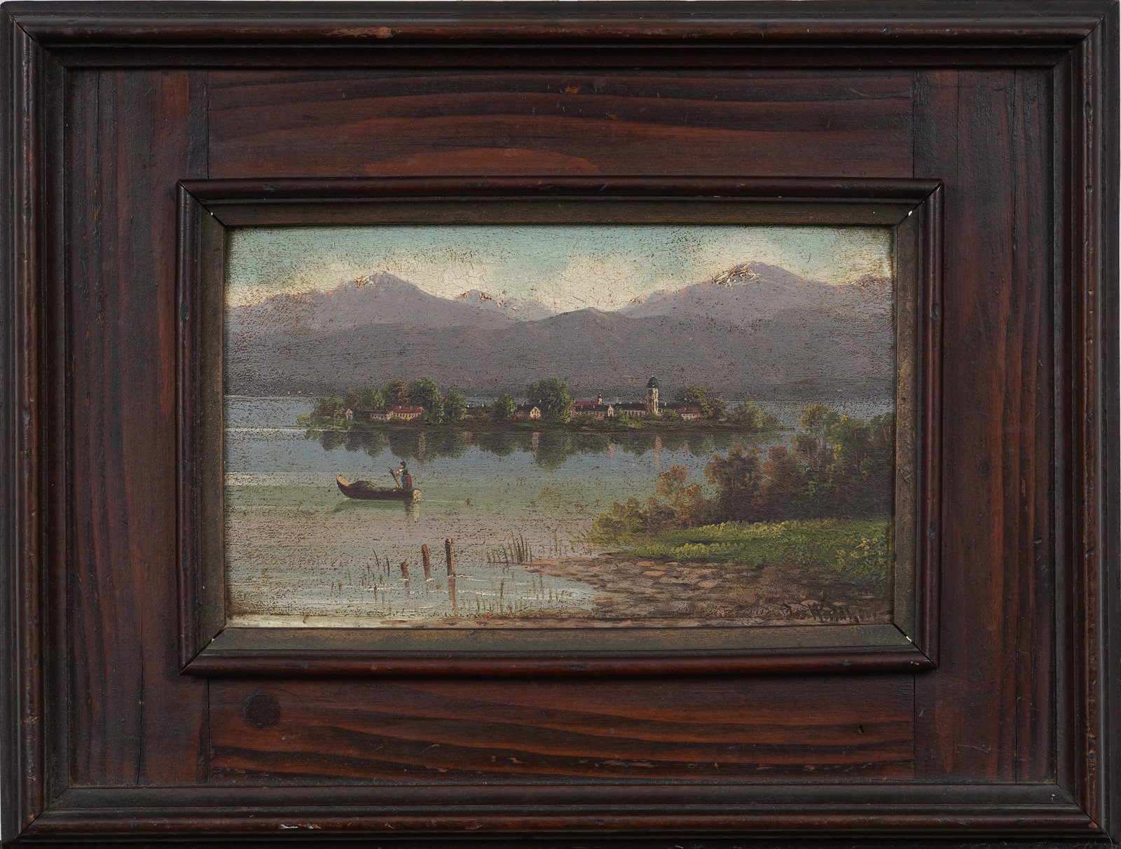 Antique European Framed Mountain Lake Landscape Original Oil Painting: Antique European lake landscape oil painting. Measuring: 13 by 17 inches overall, and 6 1/4 by 10 1/4 painting alone. Please see all images for condition. Size is measured and written on the back of t