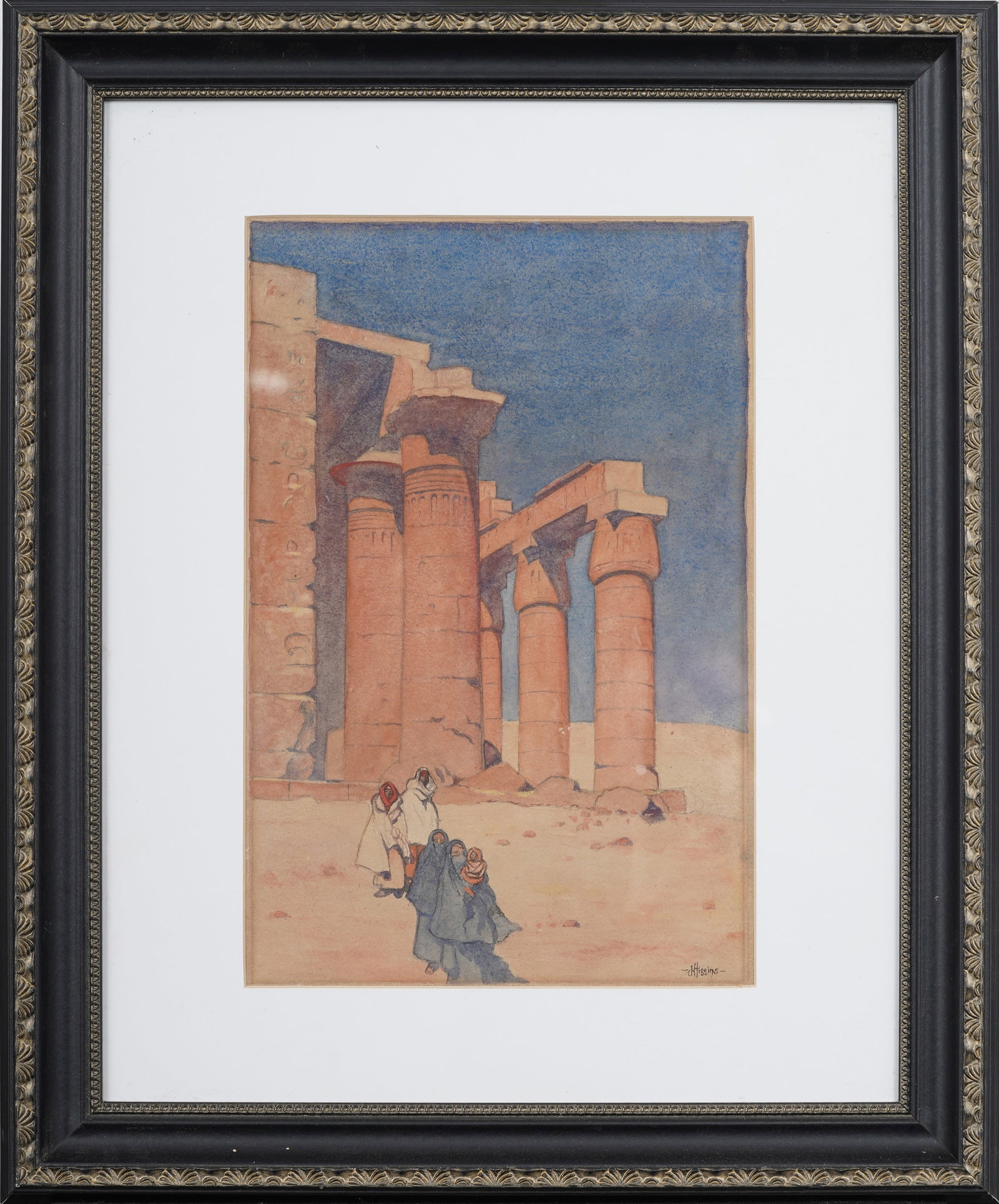 Vintage Orientalist Signed Egyptian Architecural Site Framed Watercolor Painting (1 of 7)