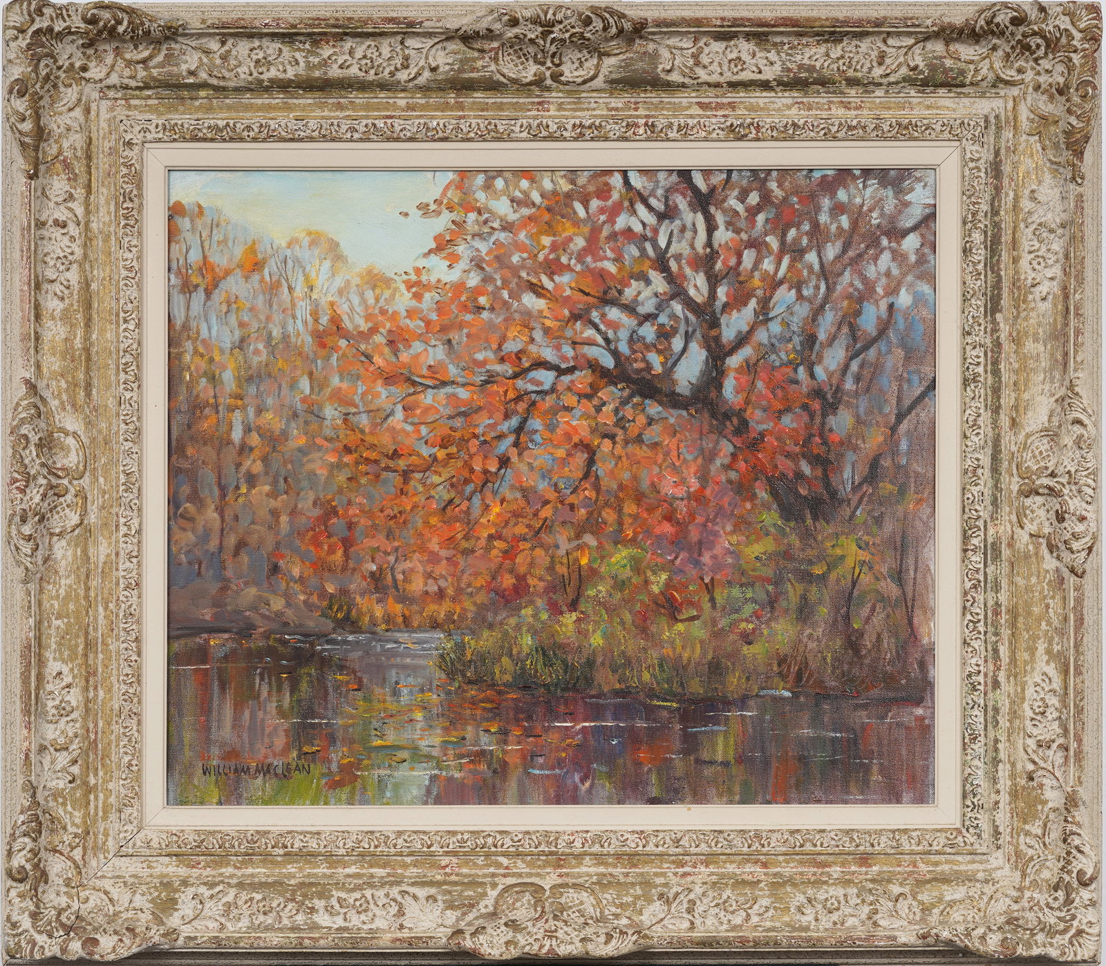 William Maclean Signed Vintage American Impressionist Fall Framed Landscape Original Oil Painting: Vintage American impressionist signed landscape oil painting. Measuring: 29 by 34 inches overall, and 20 by 24 painting alone. Please see all images for condition. Size is measured and written on the 
