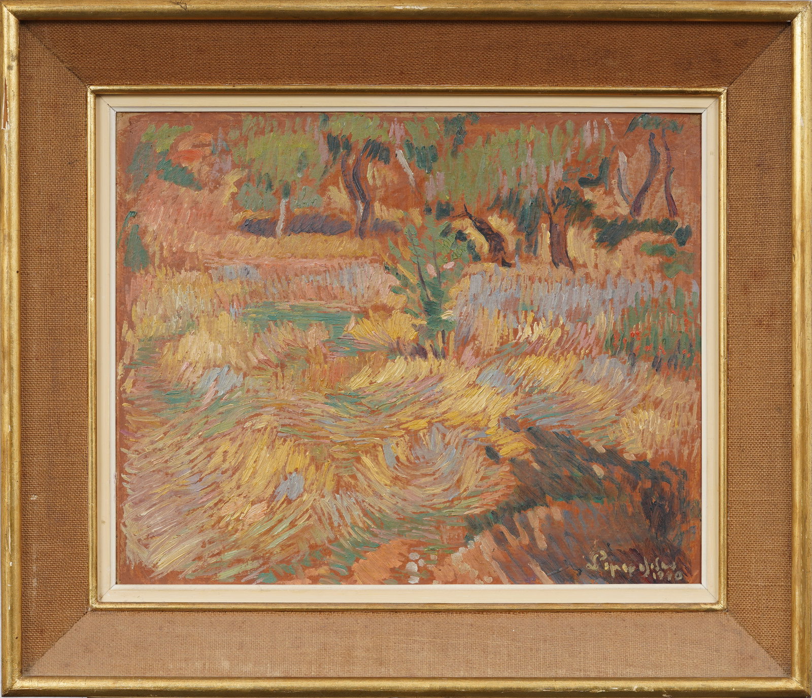 Vintage American Post Impressionist Landscape Signed Original Oil Painting: Vintage American oil painting. Measuring: 18 by 22 inches overall, and 13 by 16 painting alone. Please see all images for condition. Size is measured and written on the back of the painting or next to
